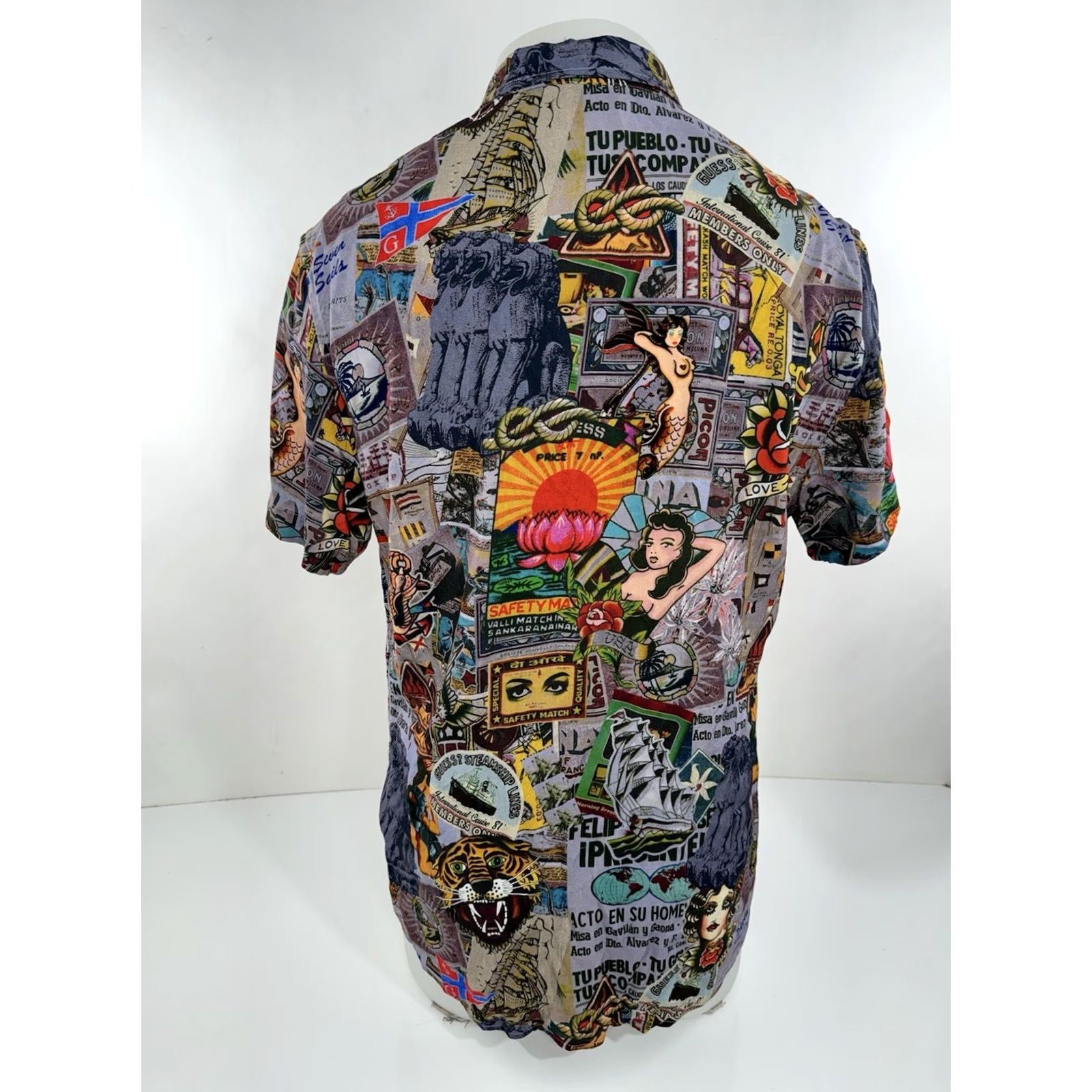 Guess GUESS Hawaiian Shirt Men's Short Sleeve Button-Up Mermaid Tattoo Nautical Travel L Multicolor Ship 90s Theme Girls Mens Boys Size US L / EU 52-54 / 3 - 6 Thumbnail