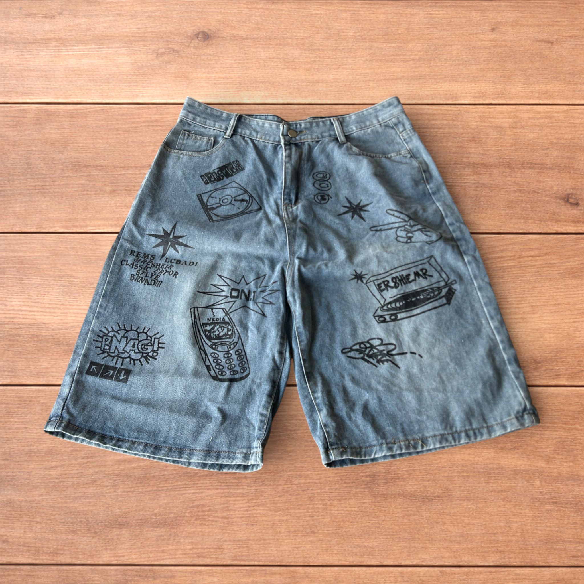 Japanese Brand Baggy wide leg denim shorts jorts with graphic in blue. Size US 34 / EU 50 - 1 Thumbnail