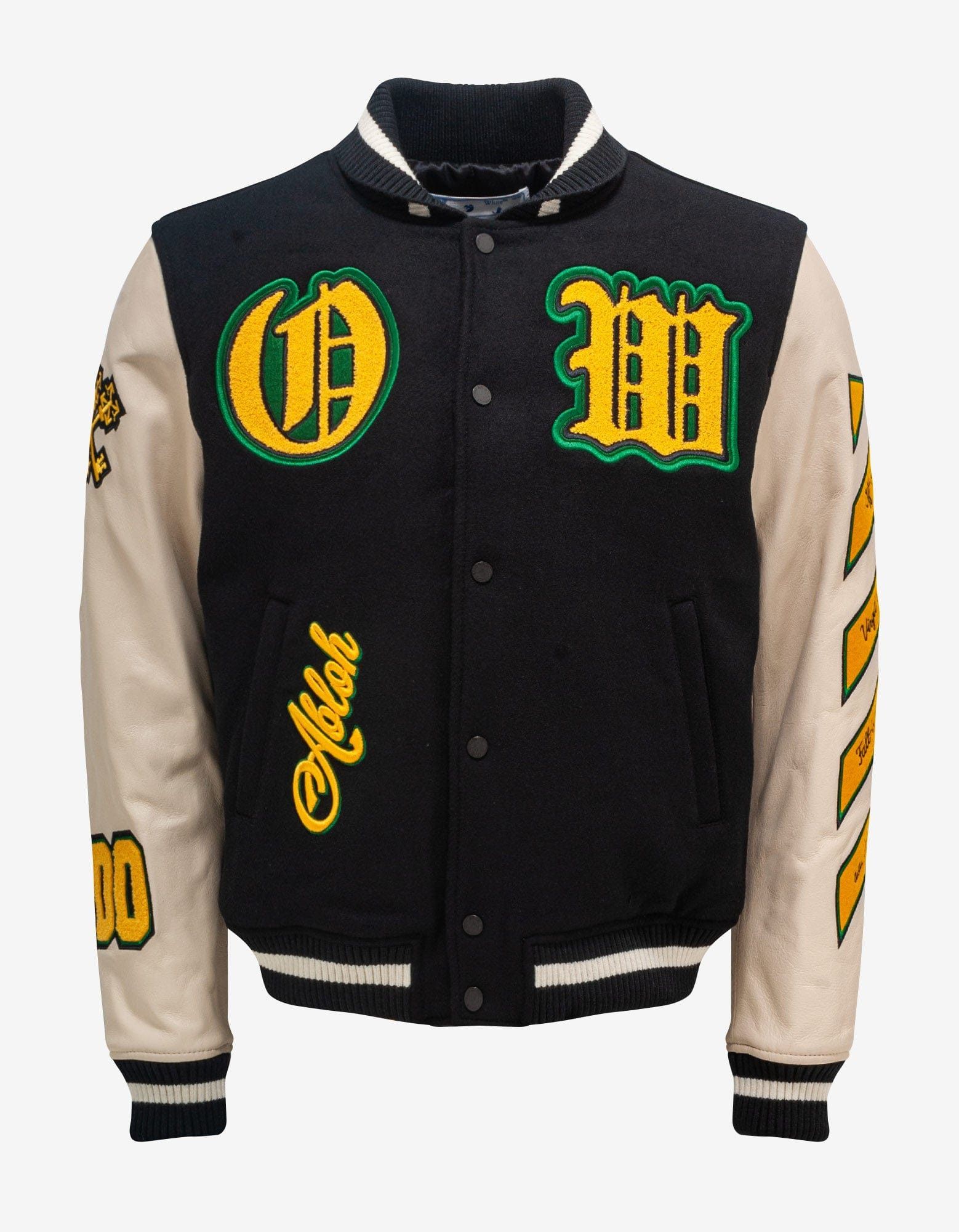 image of Off White Black Graphics Leather Varsity Jacket, Men's (Size Medium)