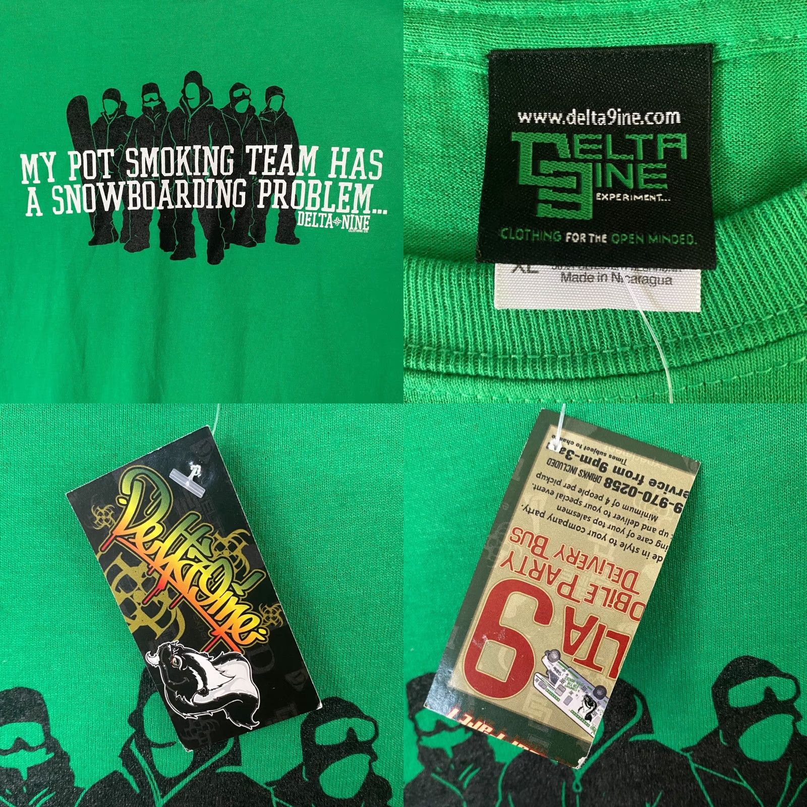 Delta VINTAGE Delta 9ine Stoner Snowboarding Team T-Shirt Green Short Sleeve Cannabis Tee XL New Size US XL / EU 56 / 4 - 8 Thumbnail