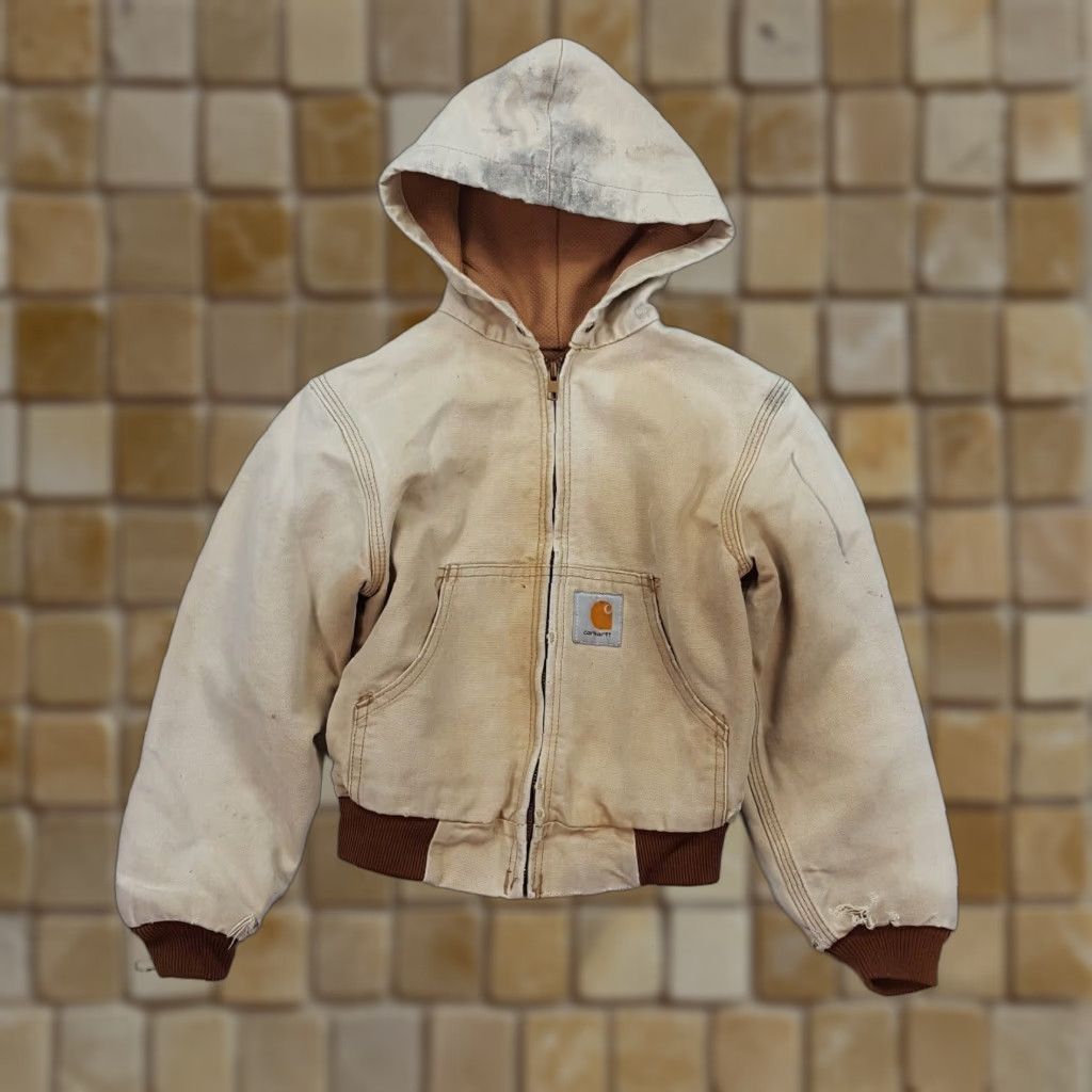 VINTAGE Carhartt Boys Medium Full Zip Hooded Jacket Coat Beige