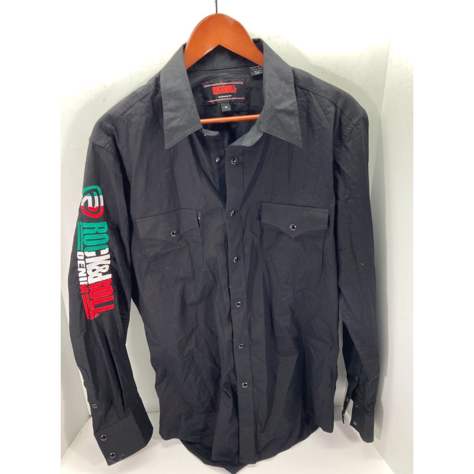 Denime Rock & Roll Denim Western Shirt Mens M Black Snap Front Cowboy Embroidered Logo Long Sleeve Size US M / EU 48-50 / 2 - 3 Thumbnail