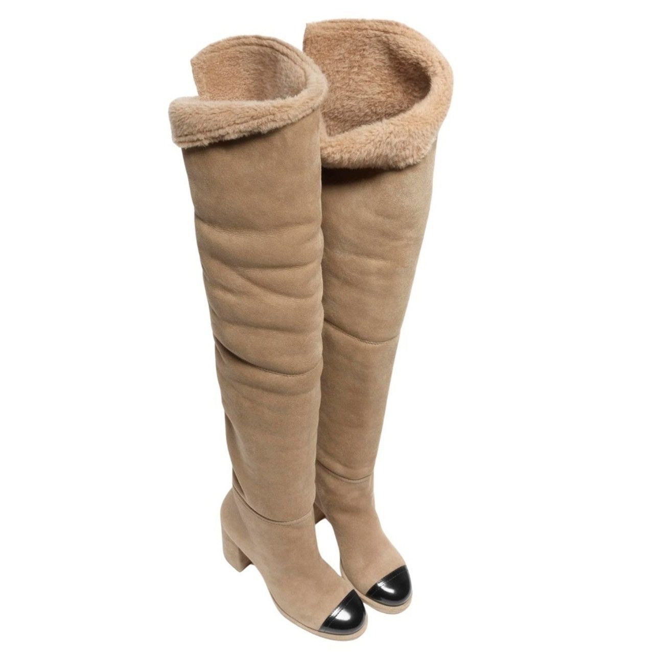 Chanel 24K Suede Shearling Fur Thigh High OTK Block Heel Boots 37 Size US 7 / IT 37 - 10 Thumbnail
