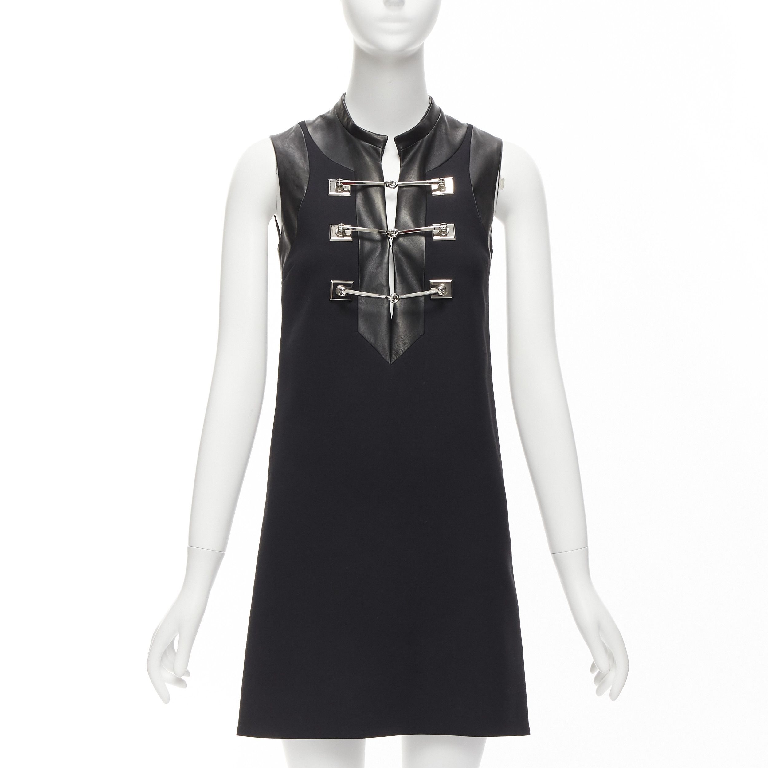 image of Gucci 2014 Runway Black Wool Leather Silver Horsebit Buckle Shift Dress It36 Xxs, Women's