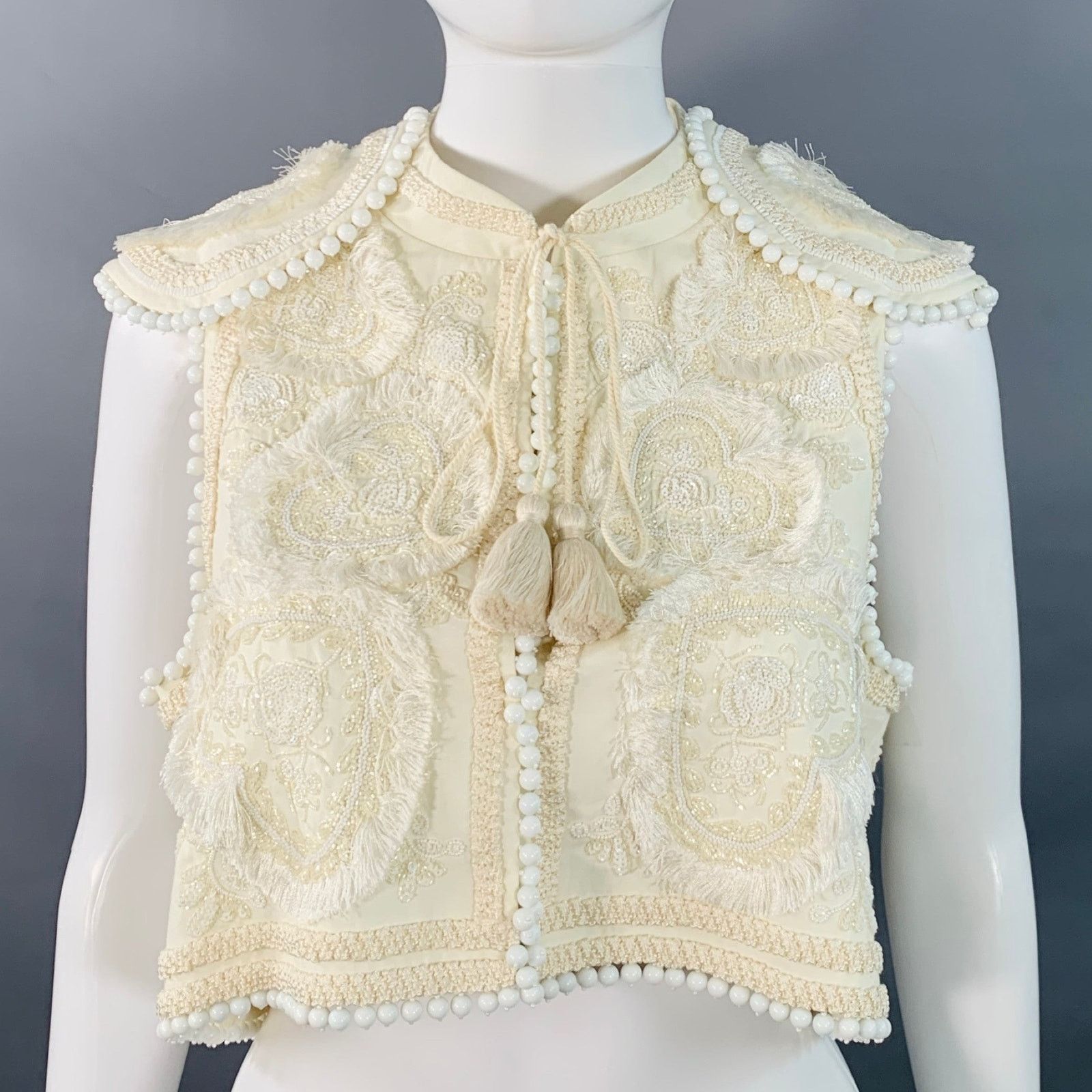 Figue Cream Cotton Embellished Beaded Fringe Cap Sleeve Vest Size S / US 4 / IT 40 - 1 Thumbnail