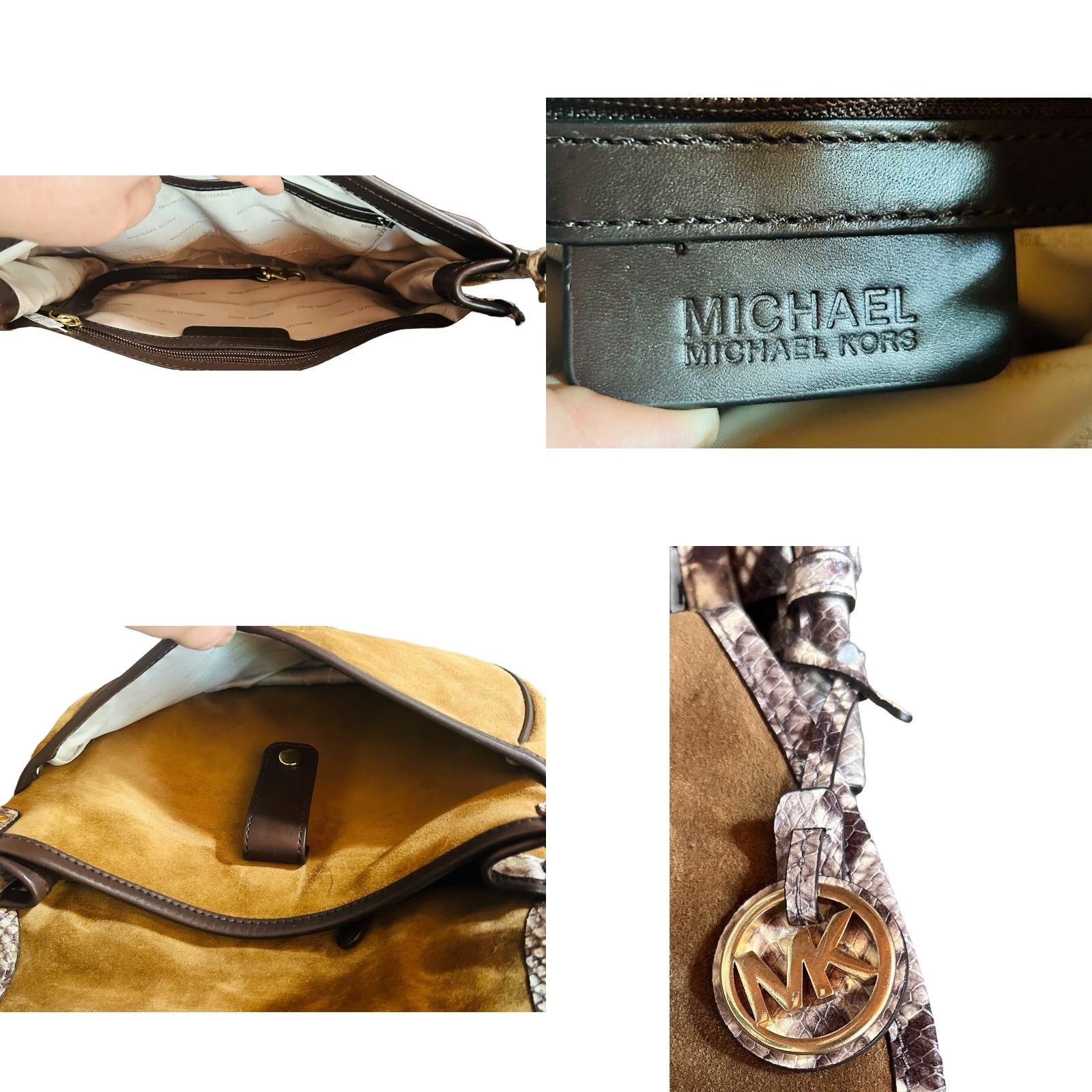 Vintage Michael Kors Jamie Saddle Bag Women's Crossbody Purse Brown Suede Snake Print Crossbody Bag, Large, Brown, Adult Women, 15in Strap, Gold hardware Size ONE SIZE - 11 Thumbnail