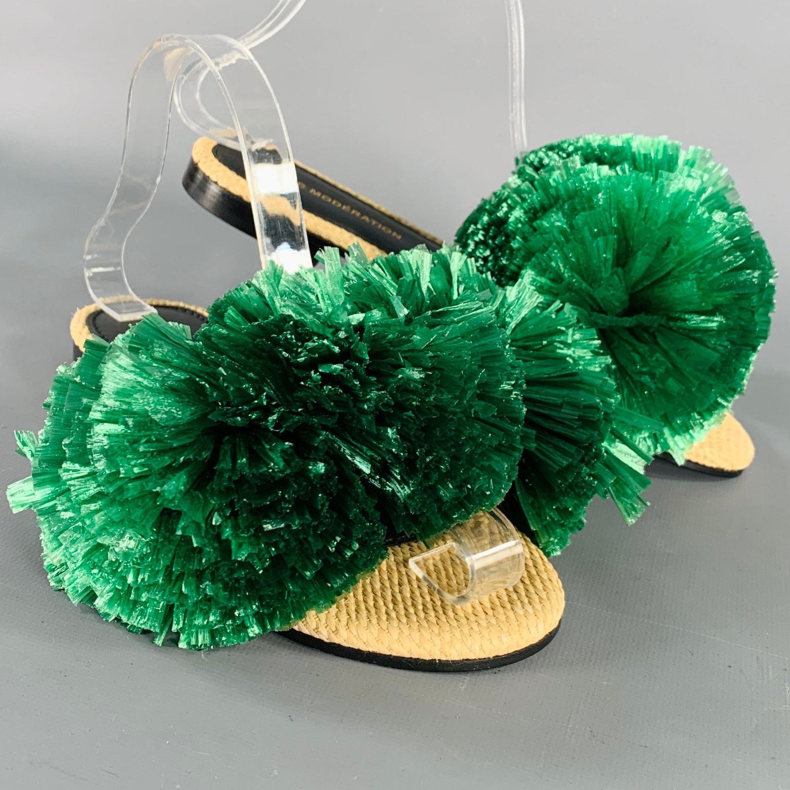 Green Natural Leather Embellishment Slip On Sandals