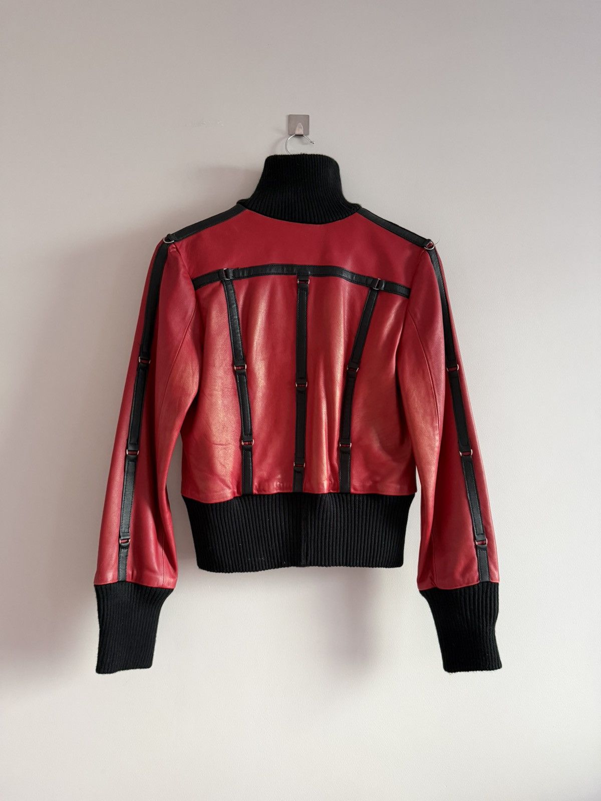 Japanese Brand Red Leather Jacket High Neck Pearl Sheen Strap Detail Size S / US 4 / IT 40 - 7 Thumbnail