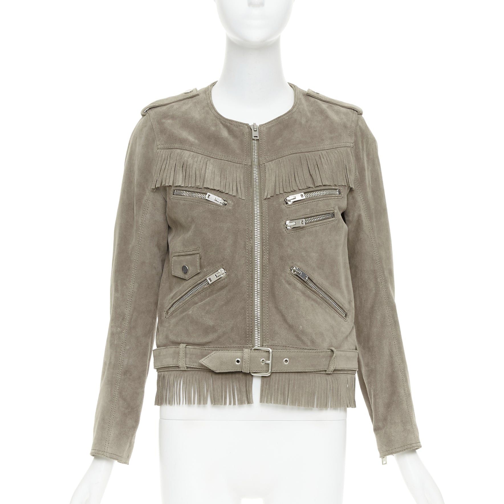 The Kooples THE KOOPLES taupe cow suede leather western fringe belted biker jacket M Size M / US 6-8 / IT 42-44 - 1 Thumbnail