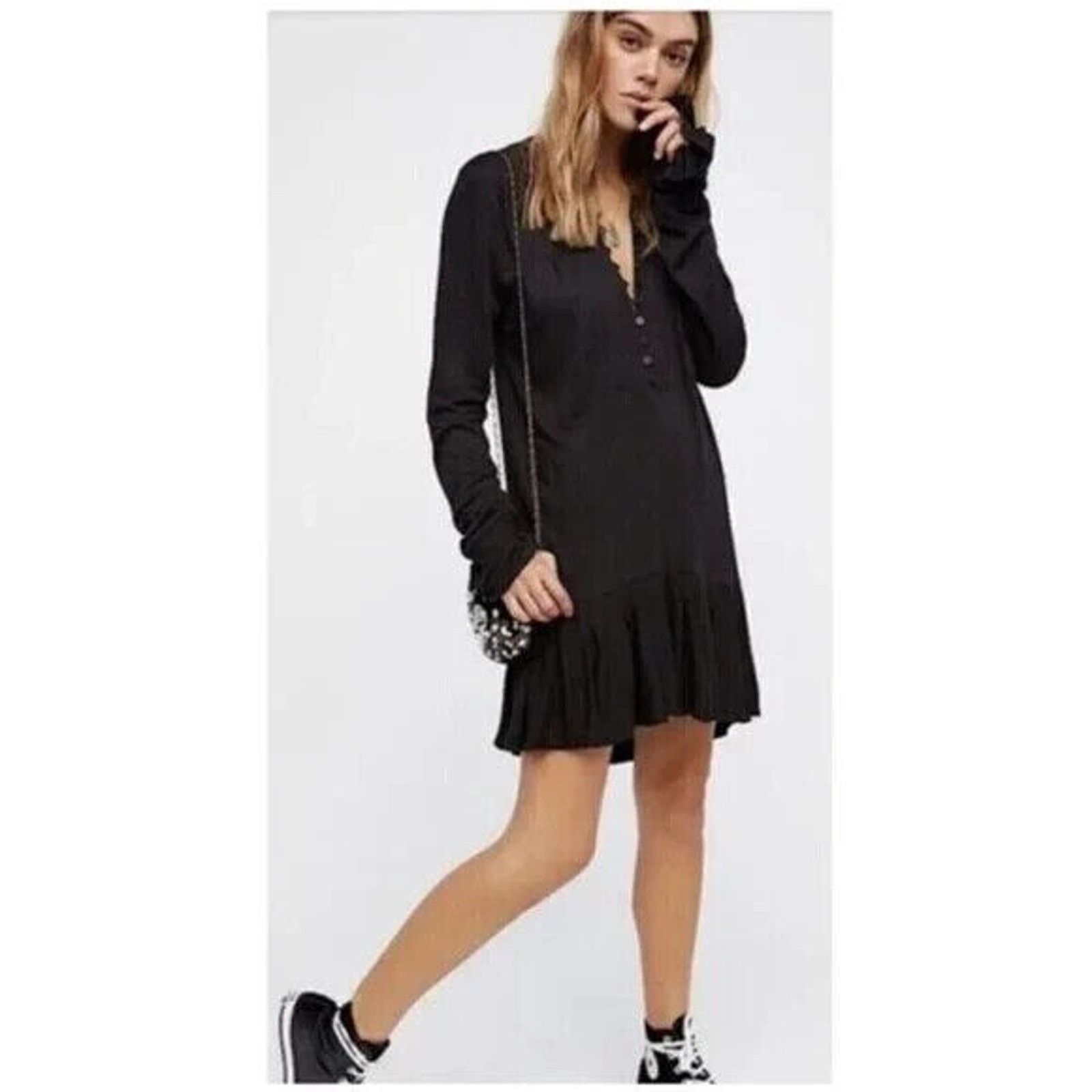 Free People Free People Black Ruffle Long Sleeve Tunic Top Mini Dress XS Size XS / US 0-2 / IT 36-38 - 1 Thumbnail