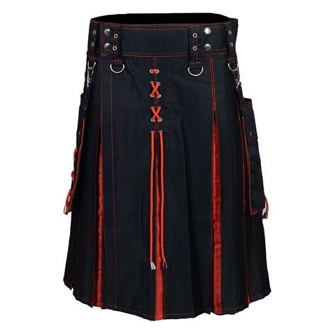 Other Fashion Utility Black Hybrid Kilt with Red Pleats and Lacing Size US 42 / EU 58 - 1 Thumbnail