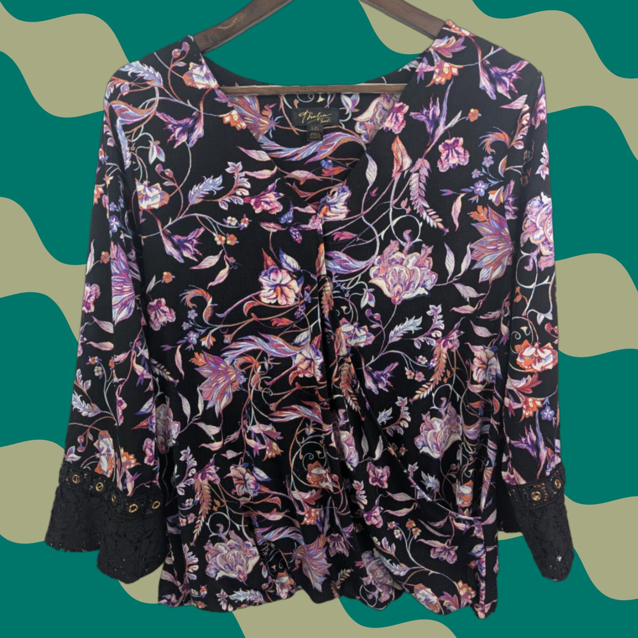 Vintage Thalia Sodi Blouse Top Women's Large Black Floral Lace Long Sleeve V-Neck Wrap Shirt Size L / US 10 / IT 46 - 1 Thumbnail