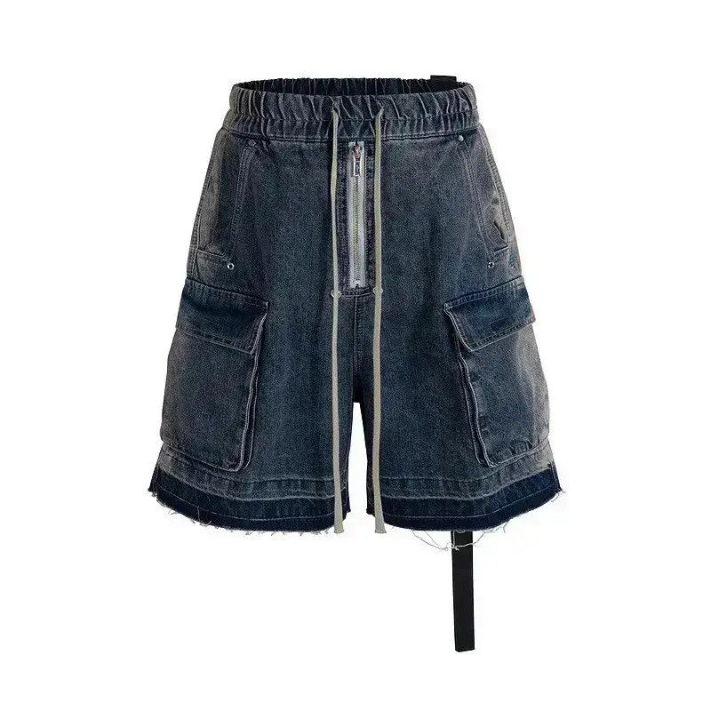 Japanese Brand Zipper Pocket Washed Blue Distressed Shorts Size US 32 / EU 48 - 1 Thumbnail