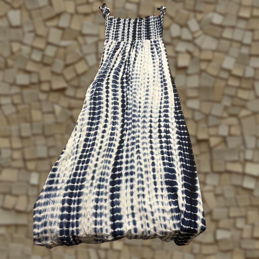 Shein Shein Dress Womens Medium Blue White Arm Strap Long Smocked 49" Length Sundress A-Line Straps Casual Colorful Size M / US 6-8 / IT 42-44 - 1 Thumbnail