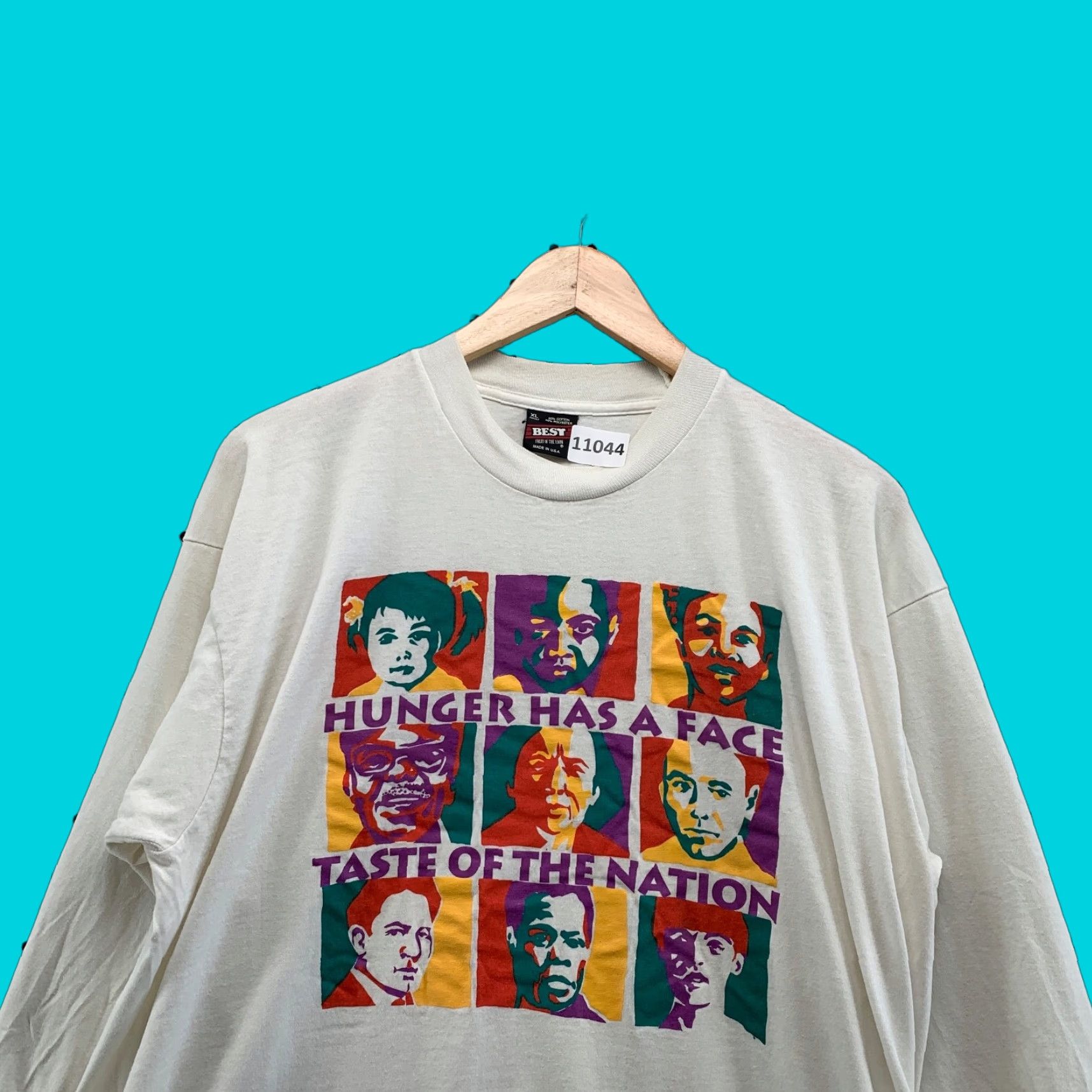 Fruit Of The Loom VINTAGE Hunger Has a Face Shirt Mens L White 90s Love Peace T-Shirt USA 22x29.5 Size US L / EU 52-54 / 3 - 1 Thumbnail
