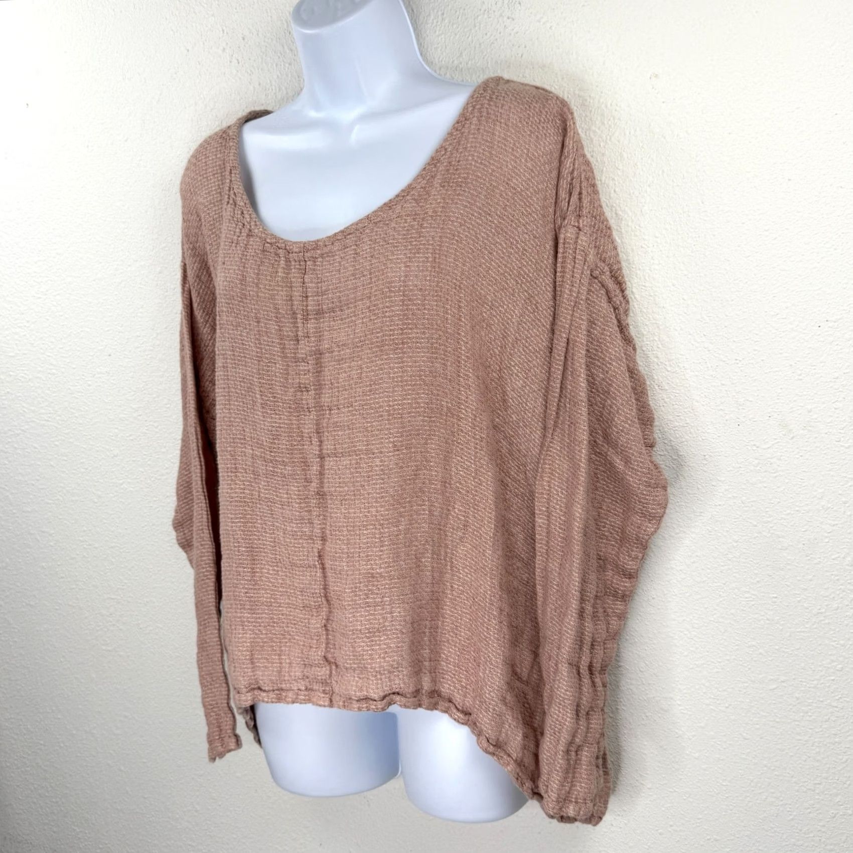 FLAX FLAX Blouse Shirt Oversize Linen Pink V-Neck Long Sleeve M Adult Womens 100% Linen Oversized Casual Bohemian 24" Pit to Pit 19" Sleeve 24" Length Size M / US 6-8 / IT 42-44 - 2 Thumbnail