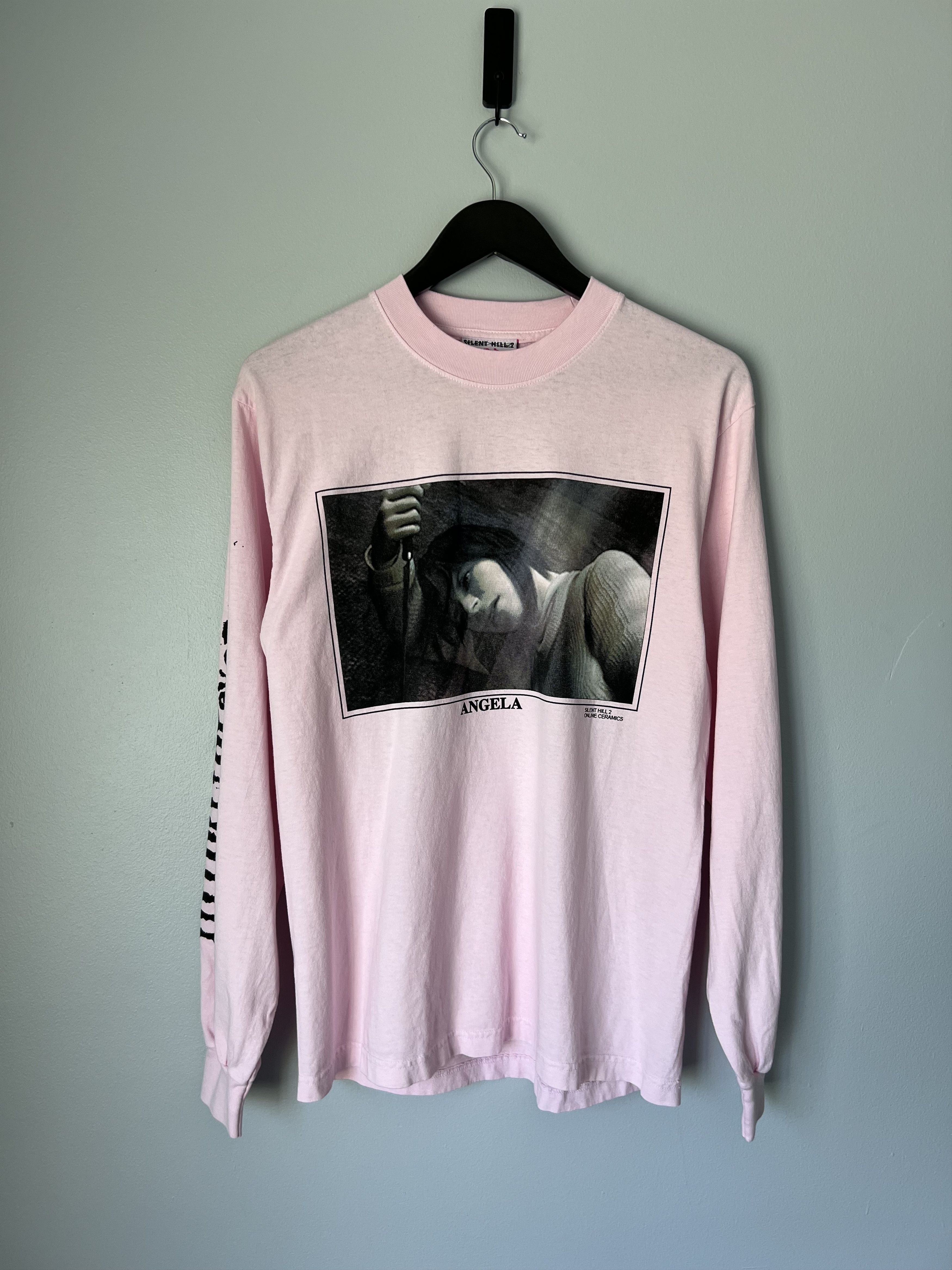 Image of Online Ceramics Silent Hill 2 Angela Long Sleeve Tee In Pink, Men's (Size Small)