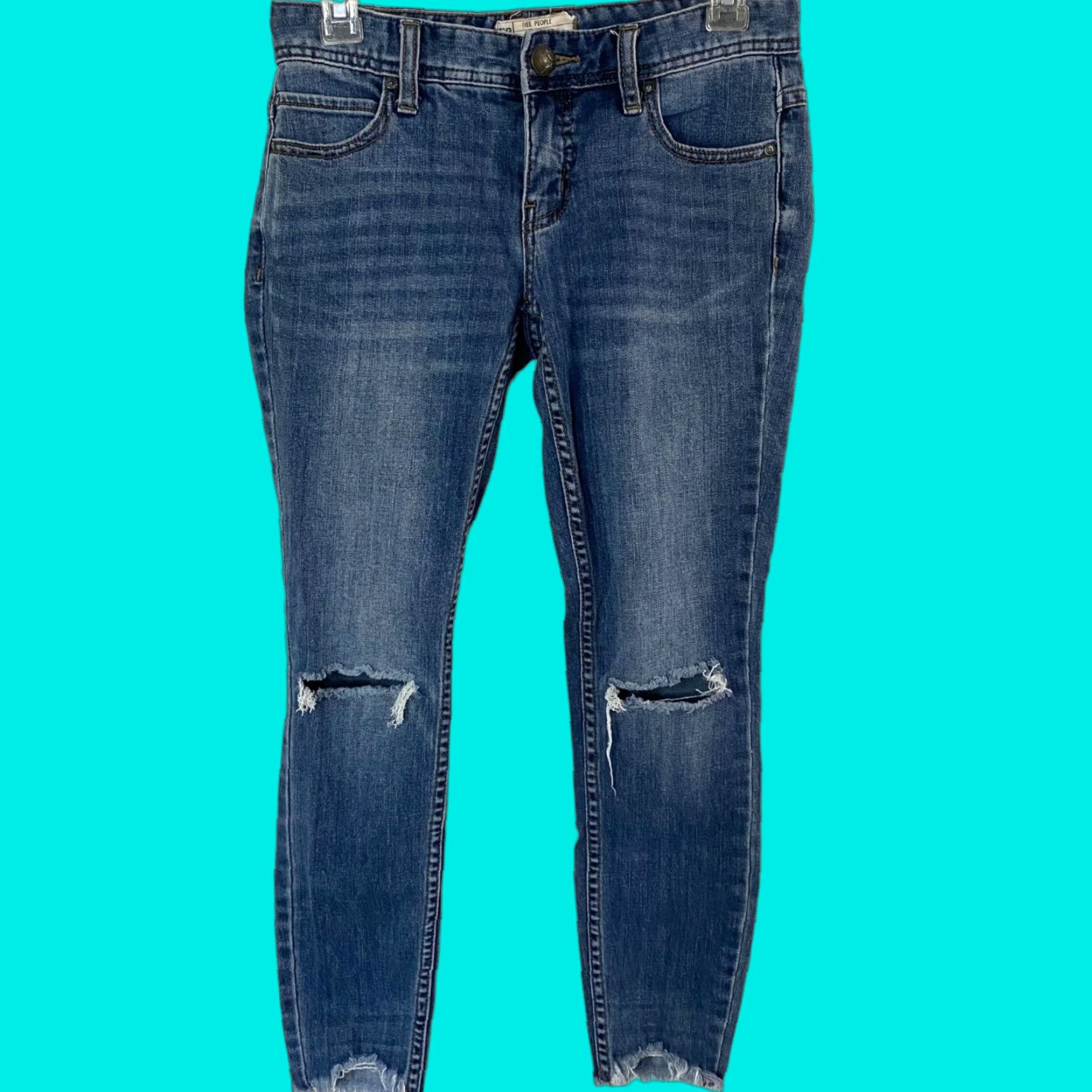 Free People Free People Skinny Jeans Womens 25 Blue Denim Mid Distressed Raw Hem Ankle Cropped Pockets Stretch Cotton Blend Denim 5-Pocket Womens Jeans Size 42" / US 20 - 1 Thumbnail
