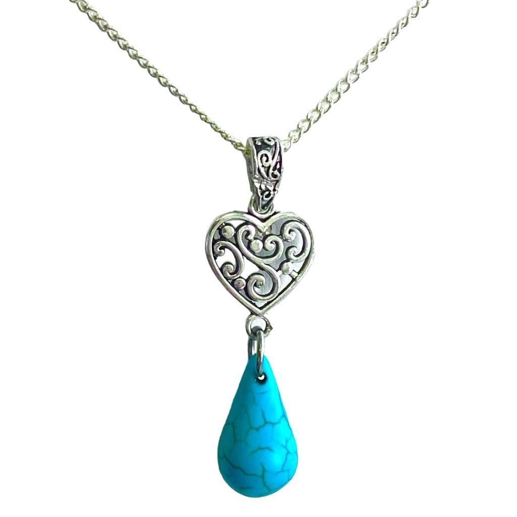 AUO Sterling 925 Silver Heart & Turquoise Necklace