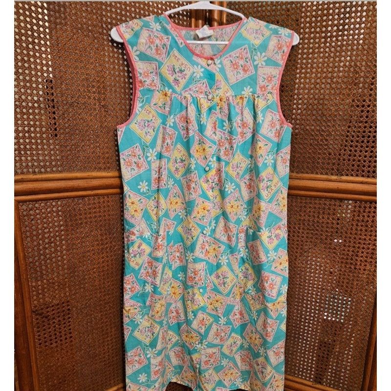Vintage Vintage 60s Blue Yellow Stamps Snap Front Day Dress Medium Size M / US 6-8 / IT 42-44 - 1 Thumbnail