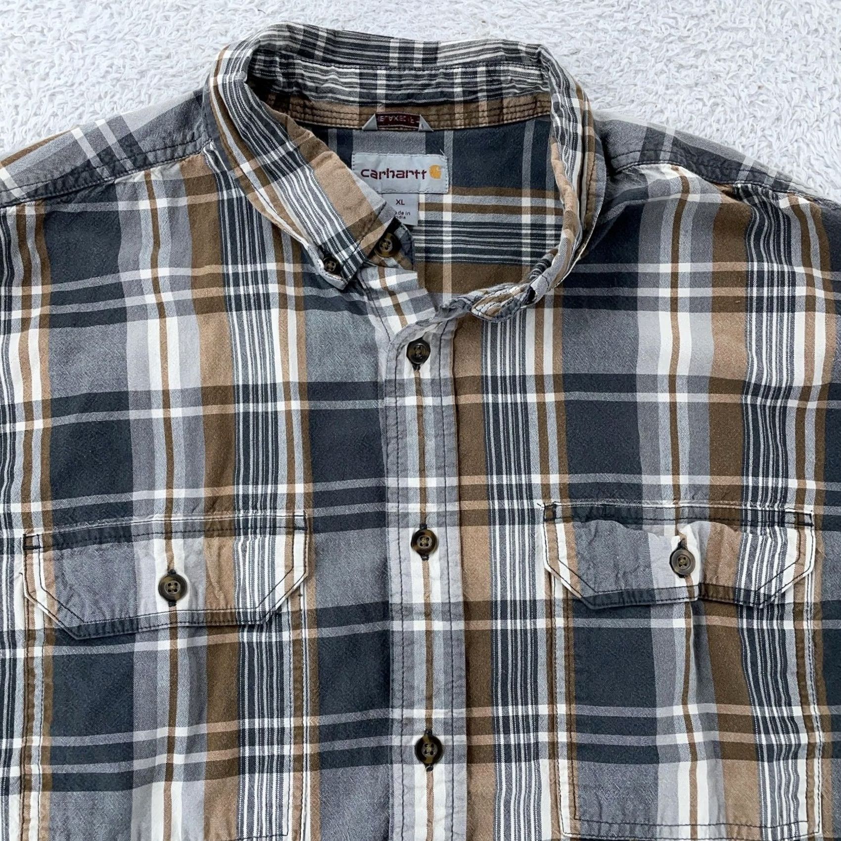 Carhartt Carhartt Shirt Mens XL Gray Brown Plaid Short Sleeve Button Front Relaxed Fit Size US XL / EU 56 / 4 - 2 Thumbnail