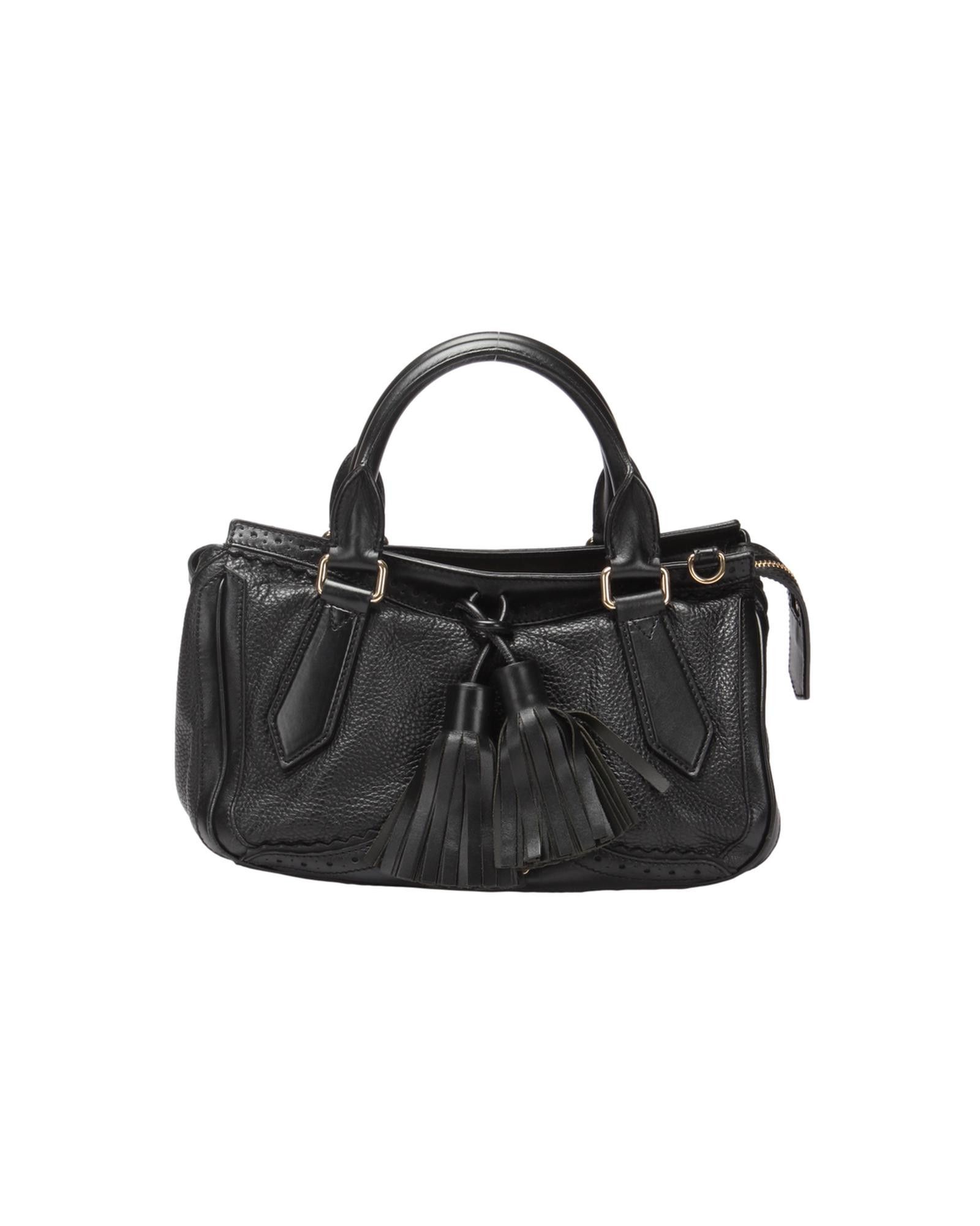 image of Burberry Black Leather Fringe Handbag With Logos, Women's