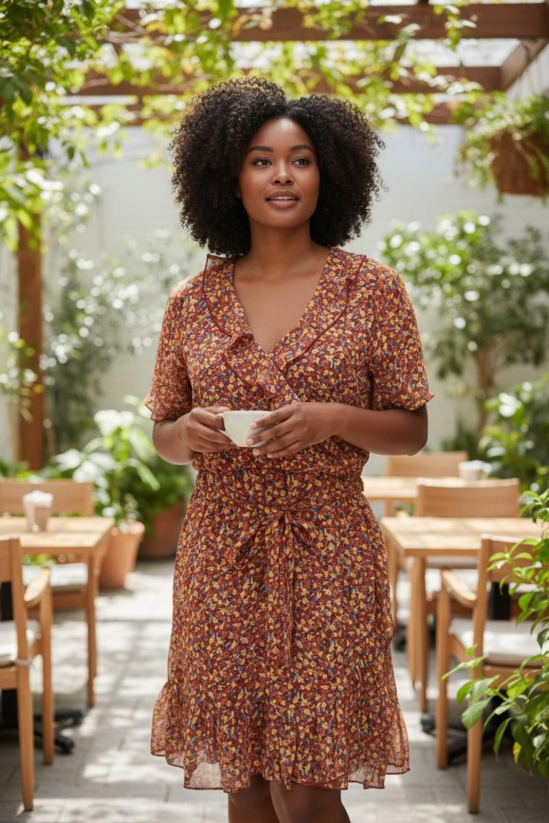 Other Jacqueline de Yong Brown Floral Midi Dress w/Ruffle Detail Size M / US 6-8 / IT 42-44 - 1 Thumbnail