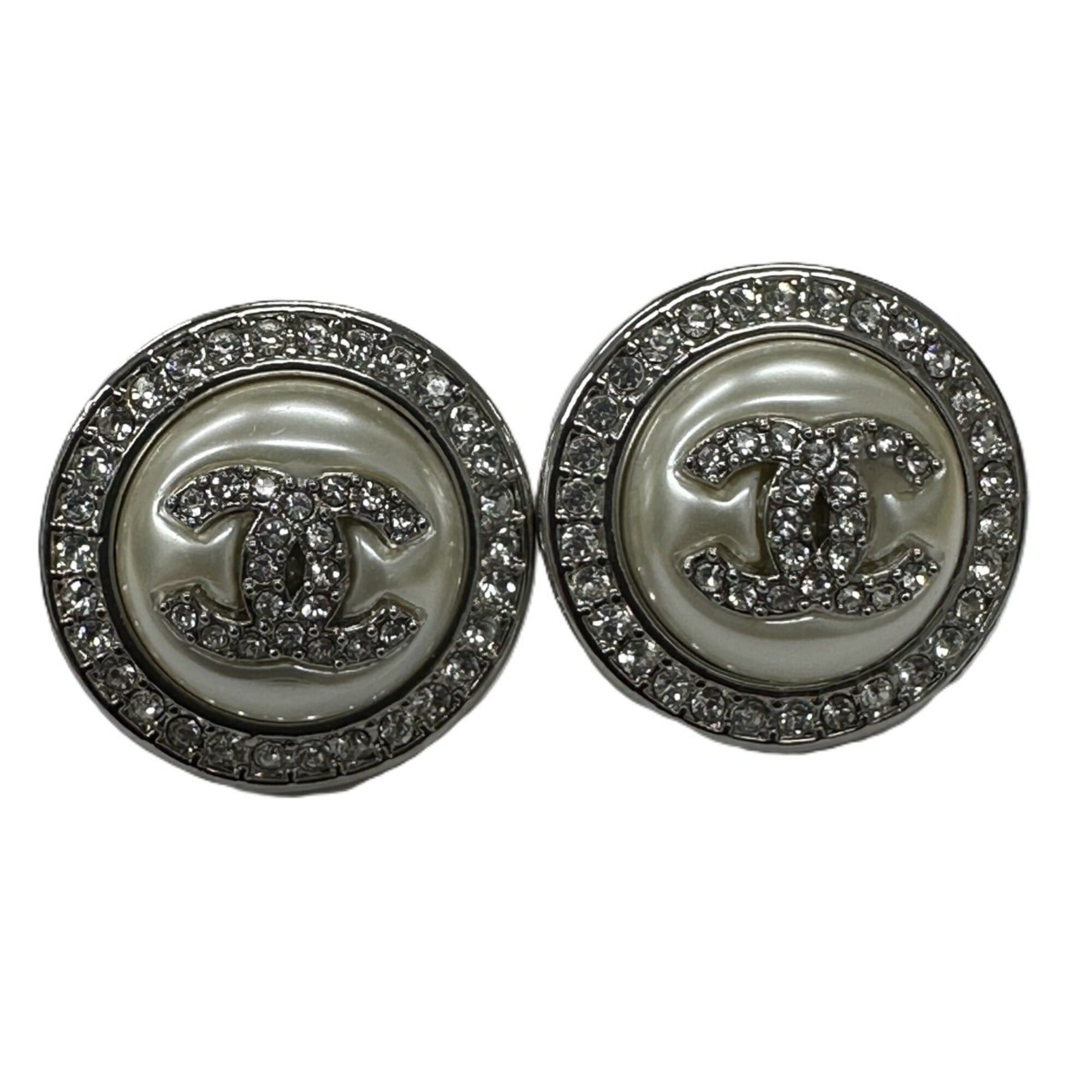 Chanel CHANEL earrings, costume pearl, silver, rhinestone, Coco Mark, round. Size ONE SIZE - 1 Thumbnail