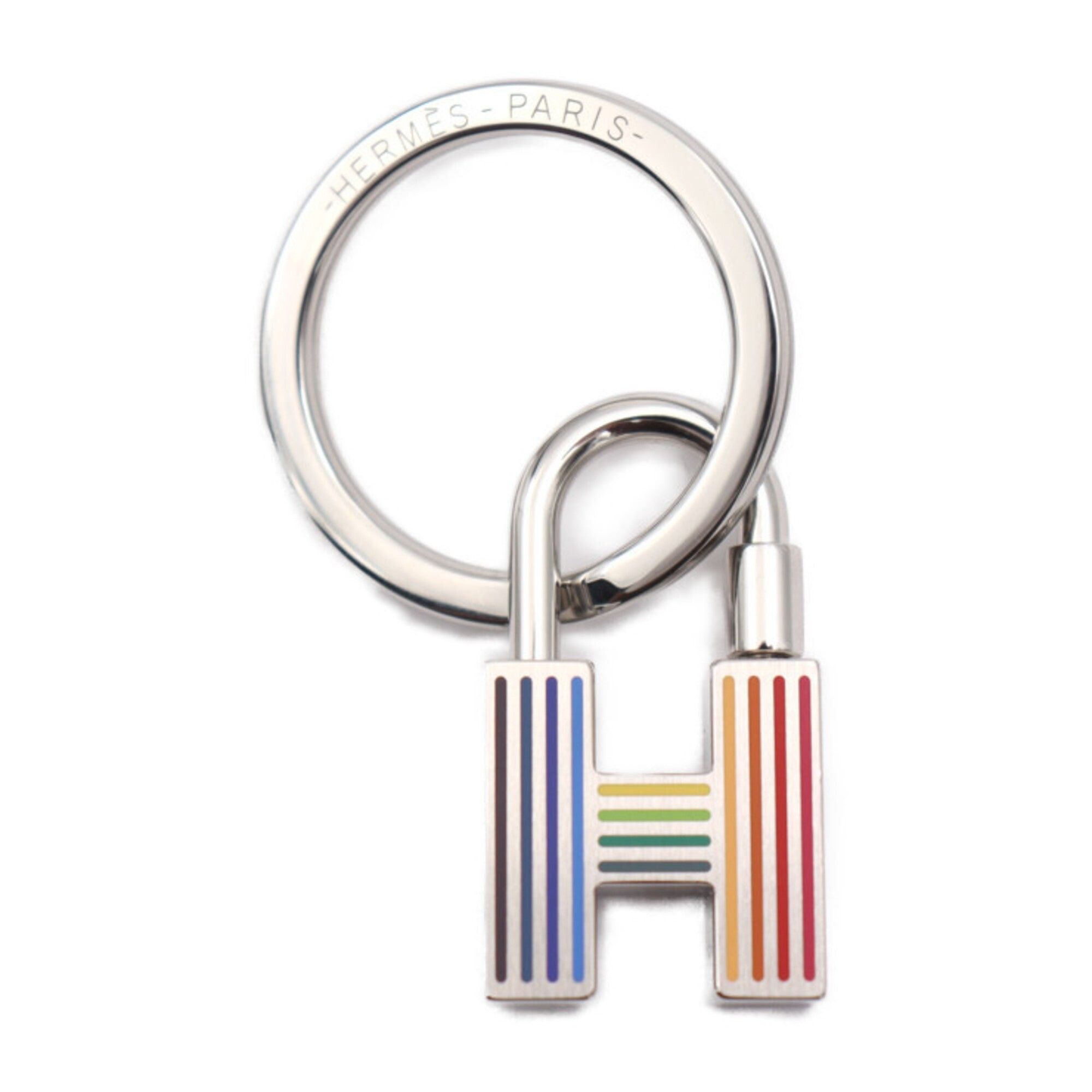 image of Hermes Cadenas Quizz Rainbow Keychain Metal Silver Multicolor Palladium Lacquer Bag Charm in Black,