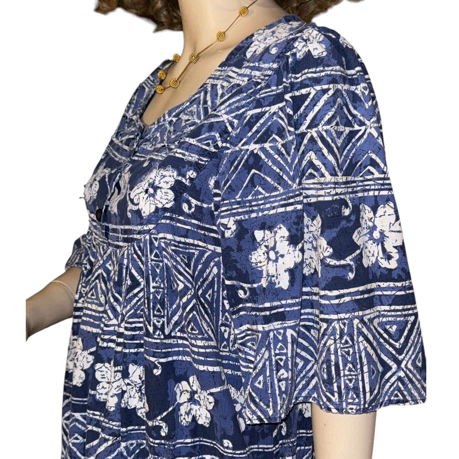 Designer Vintage Laurel Rose Blue Ikat Muumuu Patio House Dress 1X Size XL / US 12-14 / IT 48-50 - 4 Thumbnail
