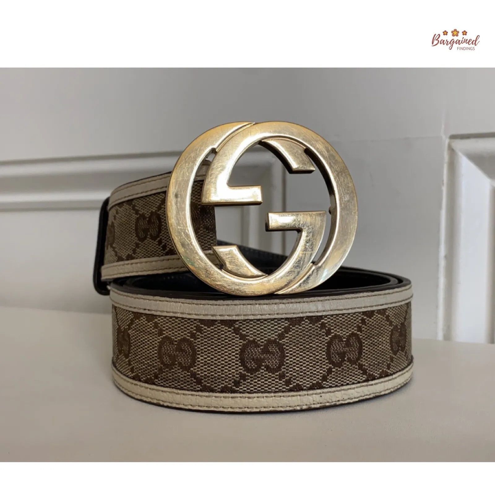Gucci Cream Monogram Canvas Leather Interlocking Buckle Belt
