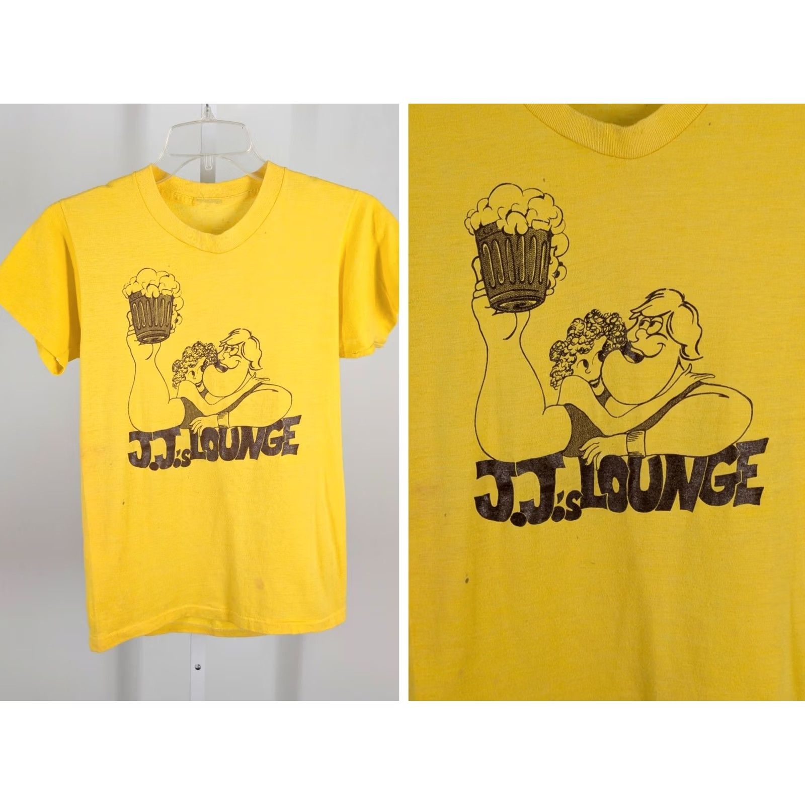 Vintage VINTAGE J.J.s Lounge Dive Bar Cartoon Graphic T-Shirt XS Yellow Unbranded Short Sleeve V-Neck Graphic Tee Mens Size US S / EU 44-46 / 1 - 2 Thumbnail