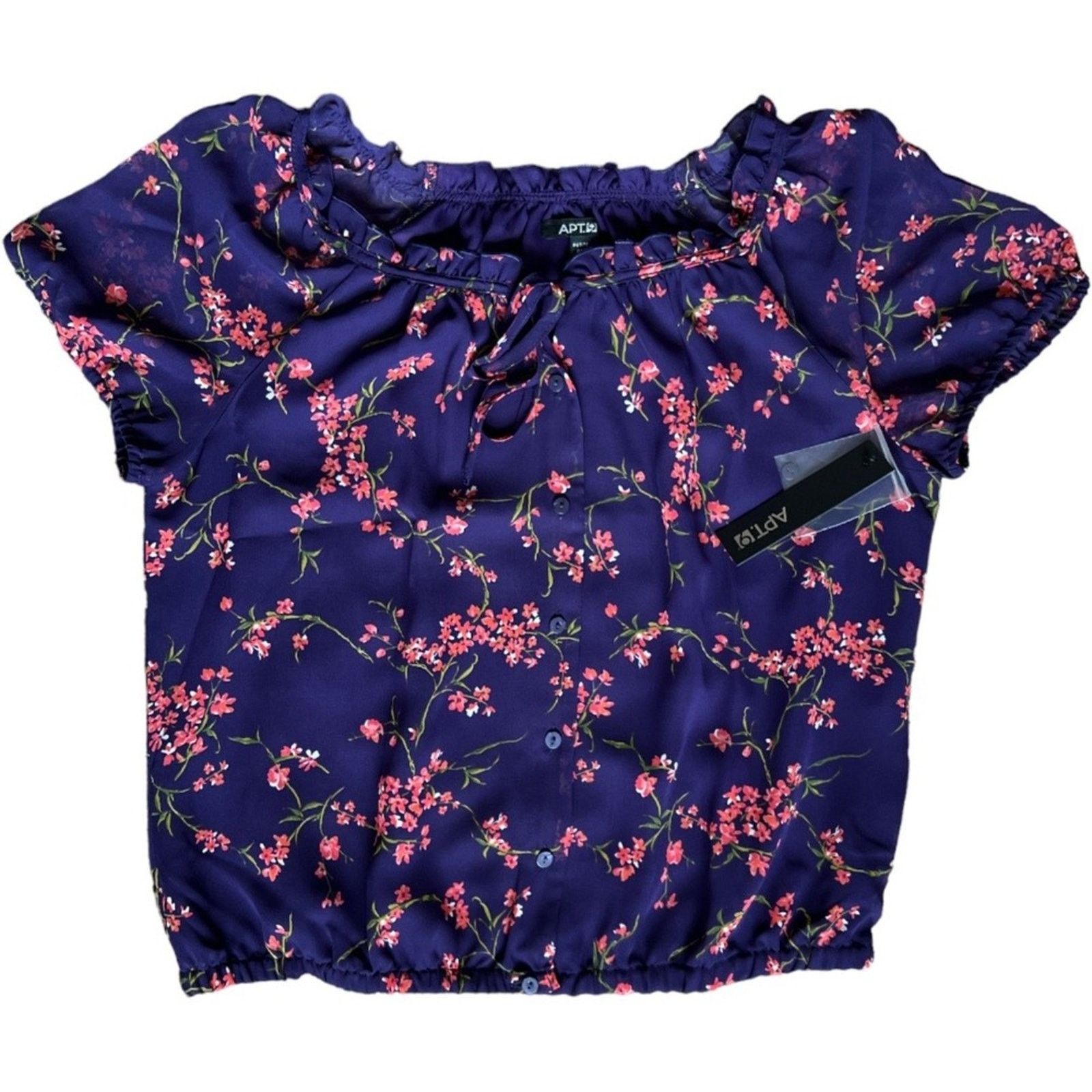 Apt. 9 Apt.9 Purple Floral Peasant Ruffled Short Sleeve Blouse, PM Size M / US 6-8 / IT 42-44 - 1 Thumbnail