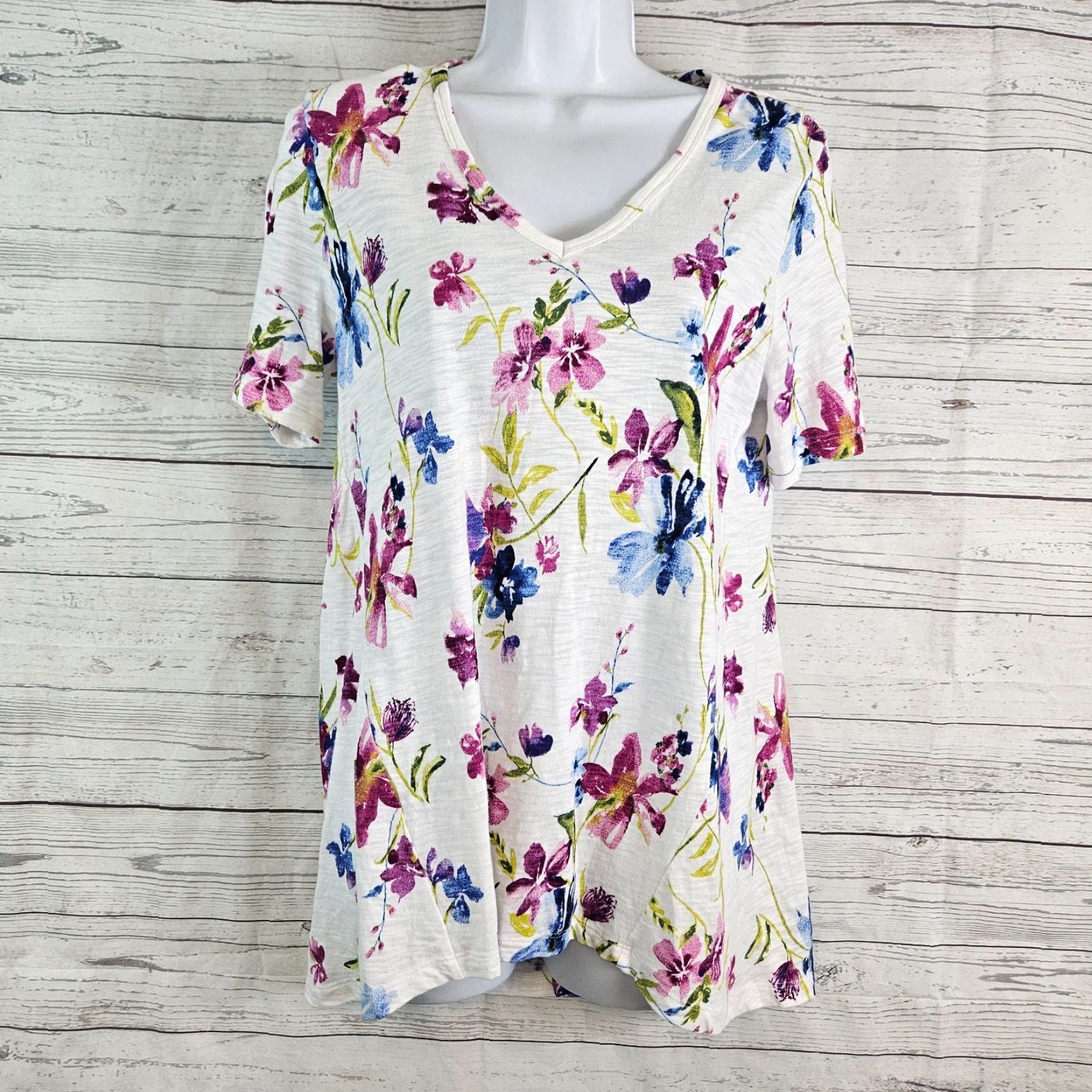 Vintage Chicos Womens Top Small Purple White Floral Cotton Blend Short Sleeve T-Shirt V-Neck Pullover Summer Spring Size S / US 4 / IT 40 - 2 Thumbnail