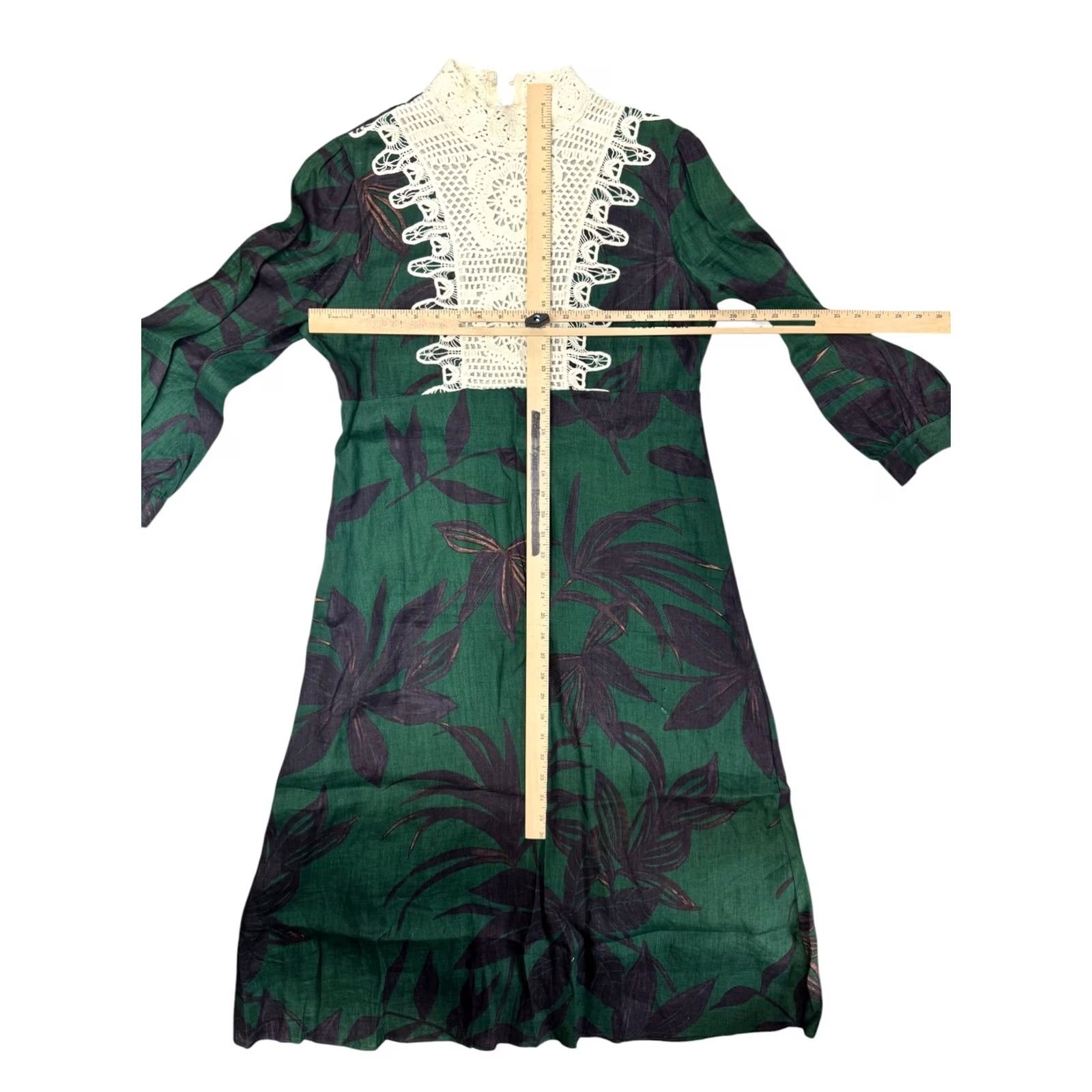 Zara VINTAGE ZARA WOMAN Green Leaf Print Crochet Yoke Midi Dress Long Sleeve Size L Size L / US 10 / IT 46 - 2 Thumbnail