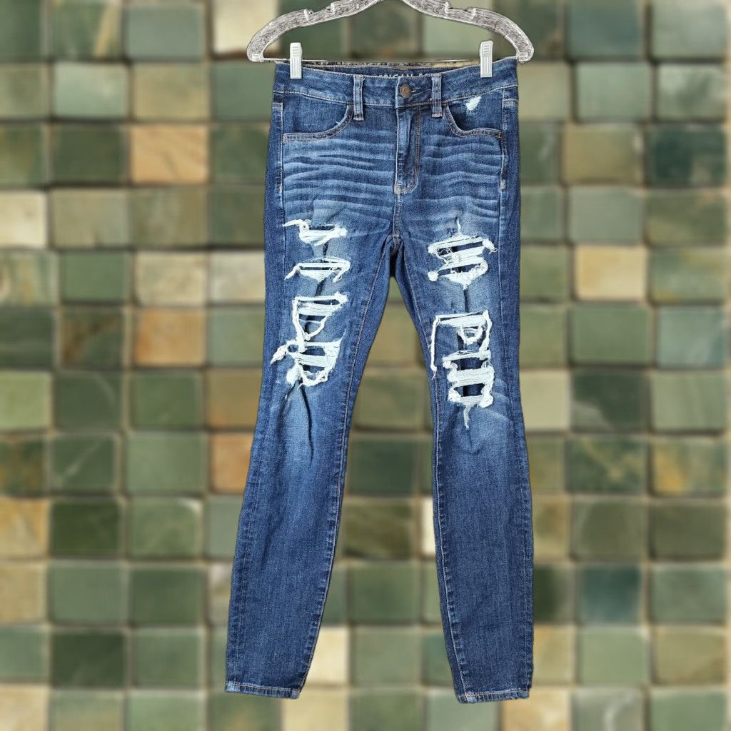 American Eagle Outfitters American Eagle Jeggings Womens Distressed High Rise Blue Size 4 Jeans Women Size 27" / US 4 / IT 40 - 1 Thumbnail