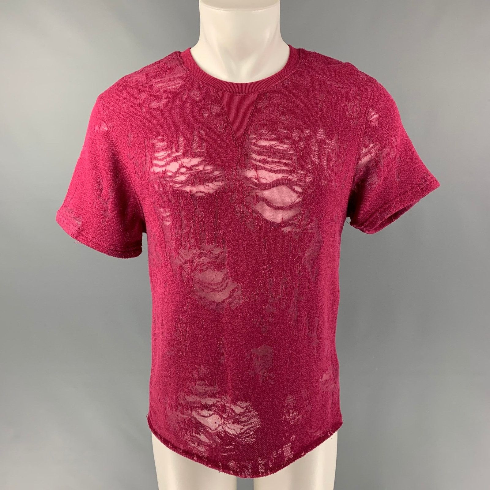 Iro Gaetane Burgundy Distressed Cotton Blend Crew-Neck T-shirt Size US XS / EU 42 / 0 - 1 Thumbnail