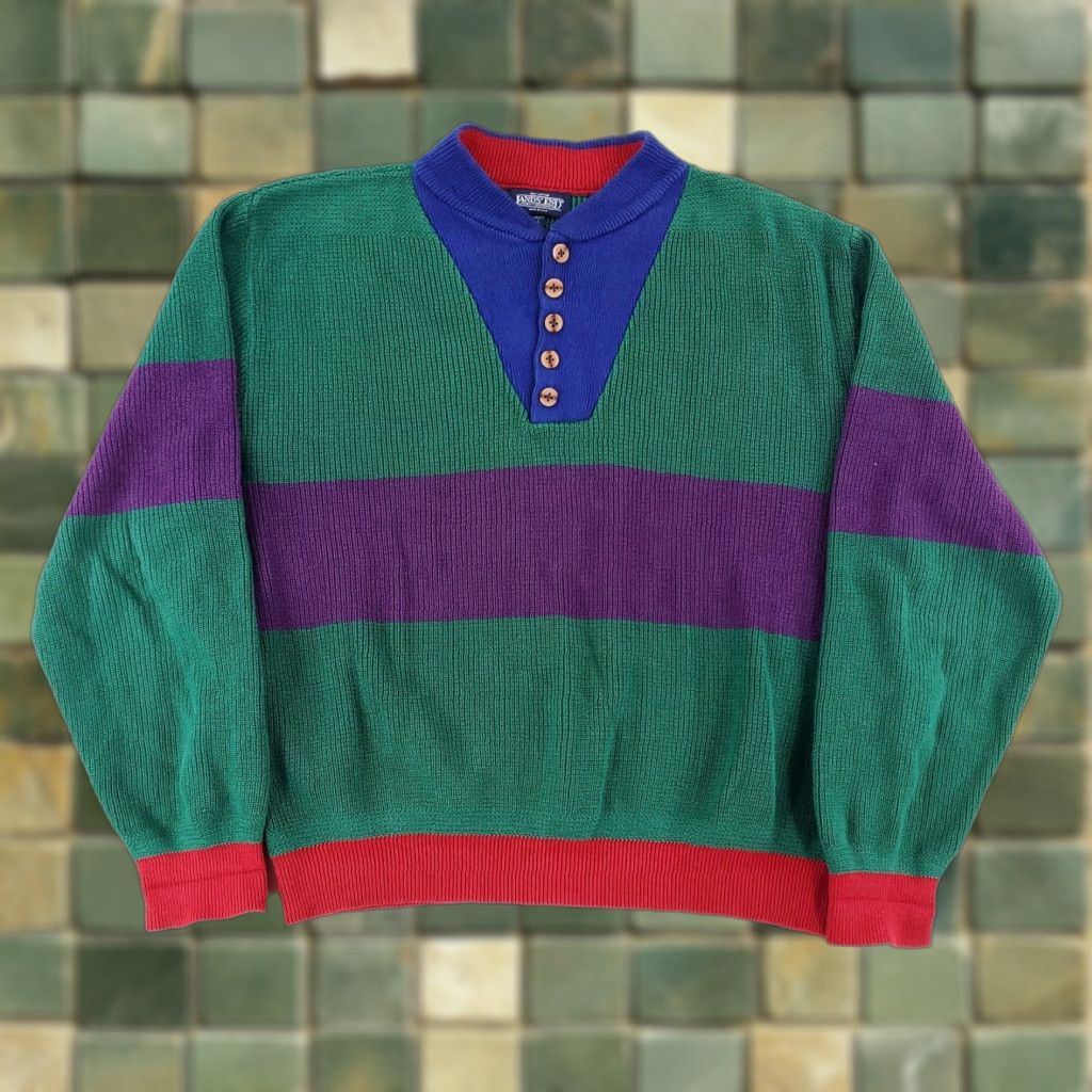 Lands' End Lands' End 5 Button Henley Cotton Sweater Color Block Made USA Mens L Multicolor Shirt Men L Size US L / EU 52-54 / 3 - 1 Thumbnail