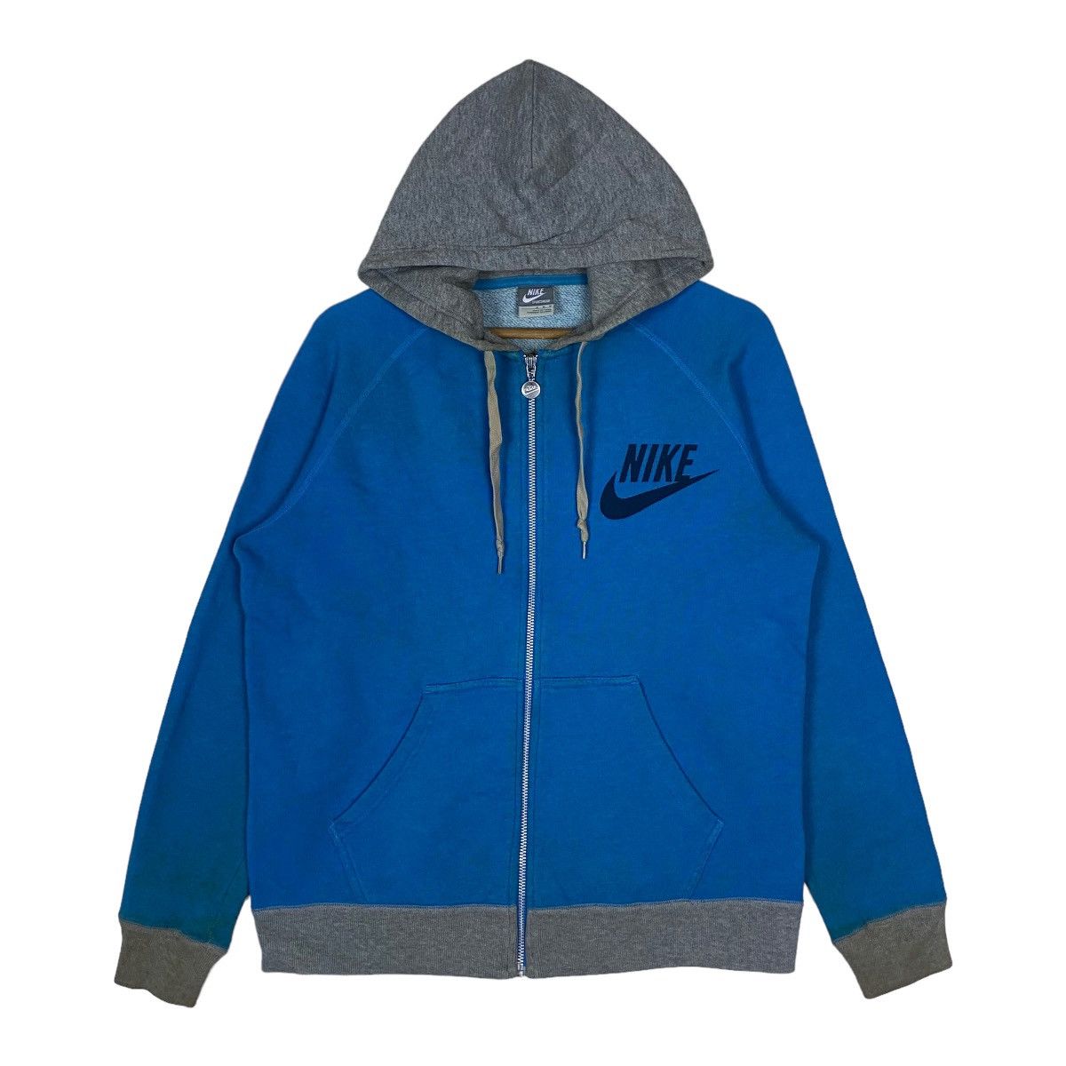 image of Nike Full Zipper Spell Out Sweater Hoodie Light Jacket in Grey/Blue, Men's (Size Medium)