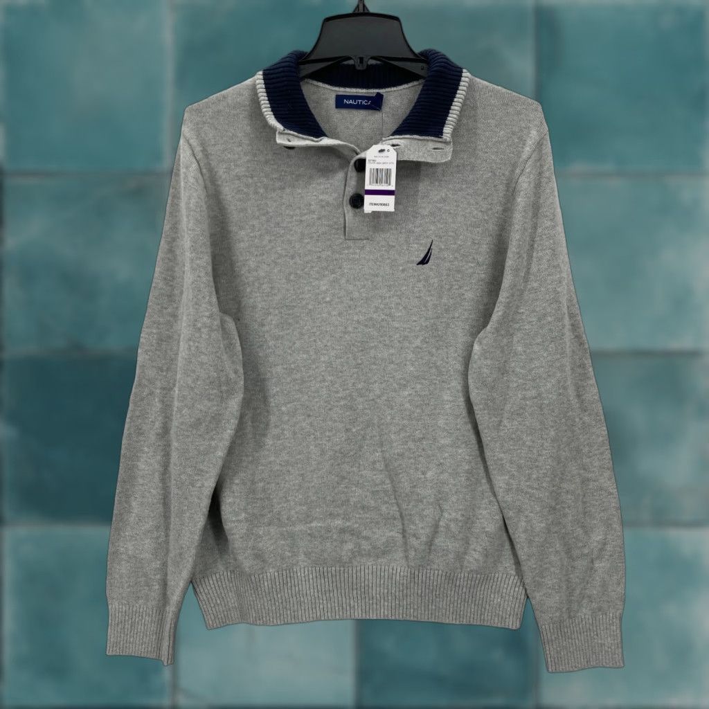Nautica Nautica Henley Pullover Sweater Mens Medium Gray Knit Long Sleeve Mock Neck NWT Size US M / EU 48-50 / 2 - 1 Thumbnail
