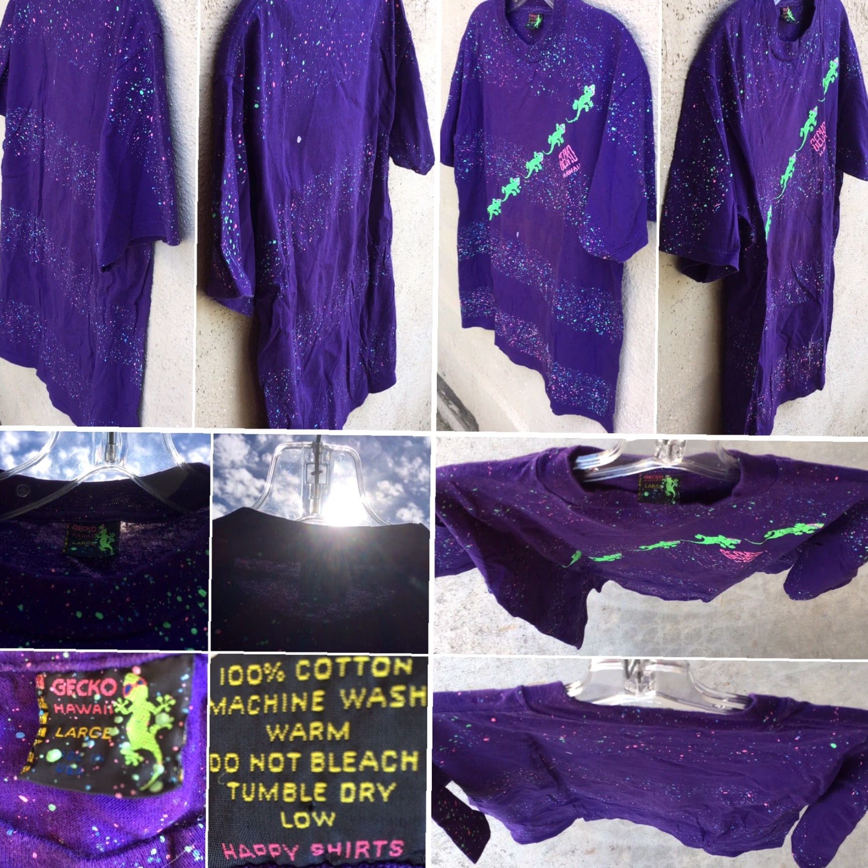Vintage VINTAGE Gecko Hawaii T-Shirt Mens L Purple Neon Graphics Happy Shirts Geckos Puff Paint 80s 90s Neon Splatter Striped Animals Hawaiian Size US L / EU 52-54 / 3 - 4 Thumbnail