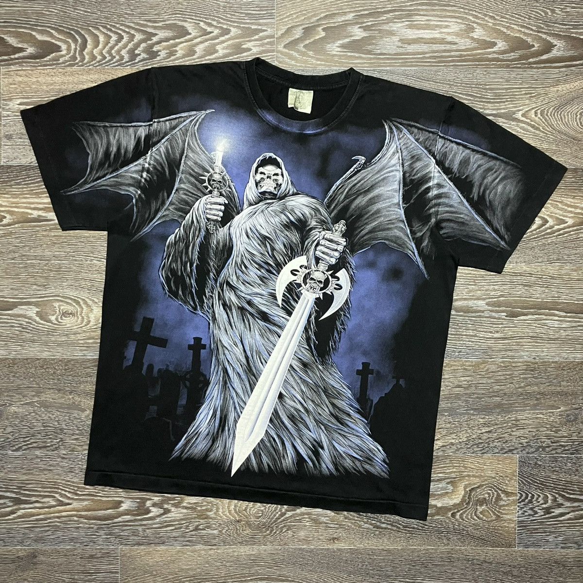 Vintage 90s ROCK EAGLE Death With Sword All Over Print Heavy T-shirt Size US XL / EU 56 / 4 - 1 Thumbnail
