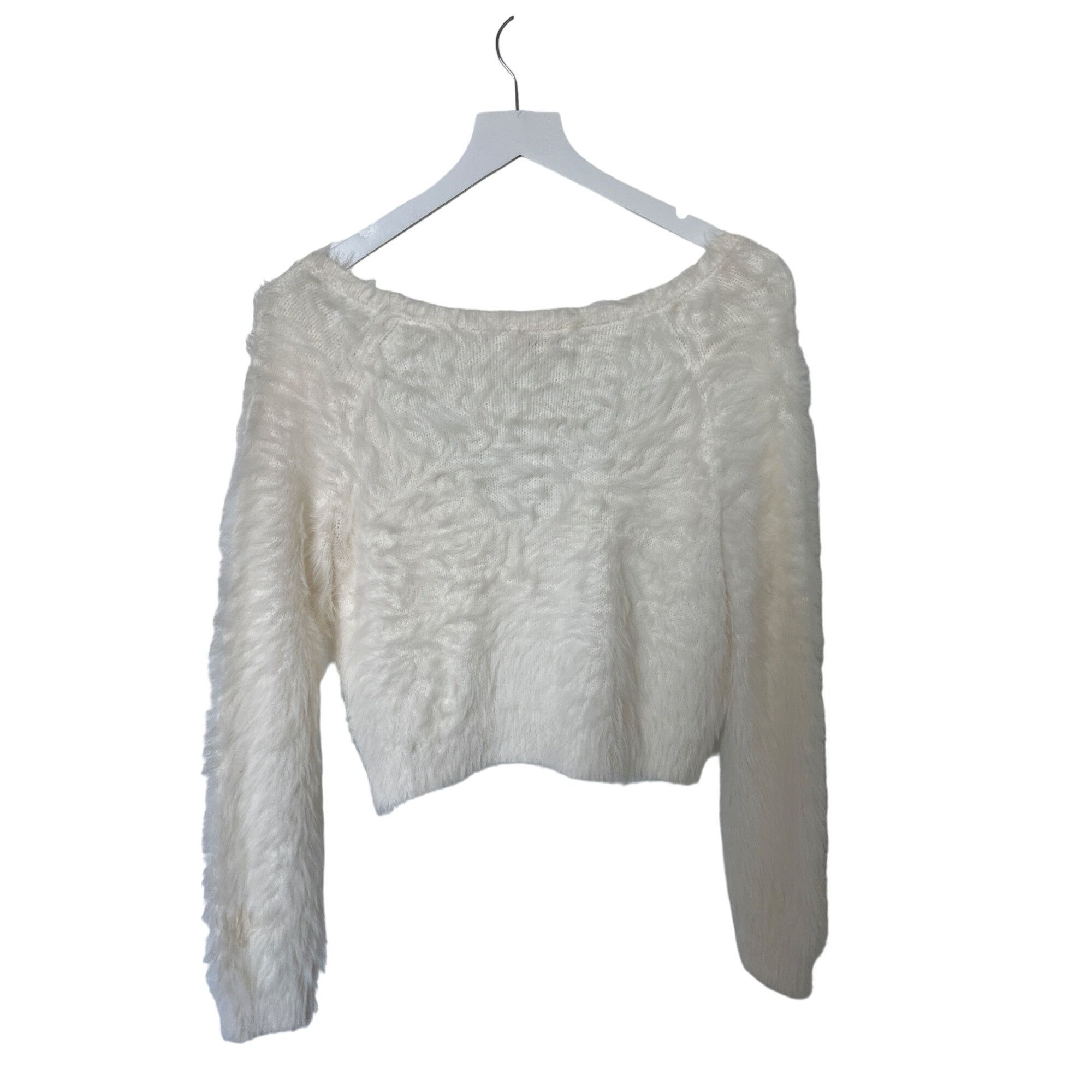 Other Open Edit Ivory Eyelash Fluffy Knit Cropped Cardigan Size XS / US 0-2 / IT 36-38 - 6 Thumbnail