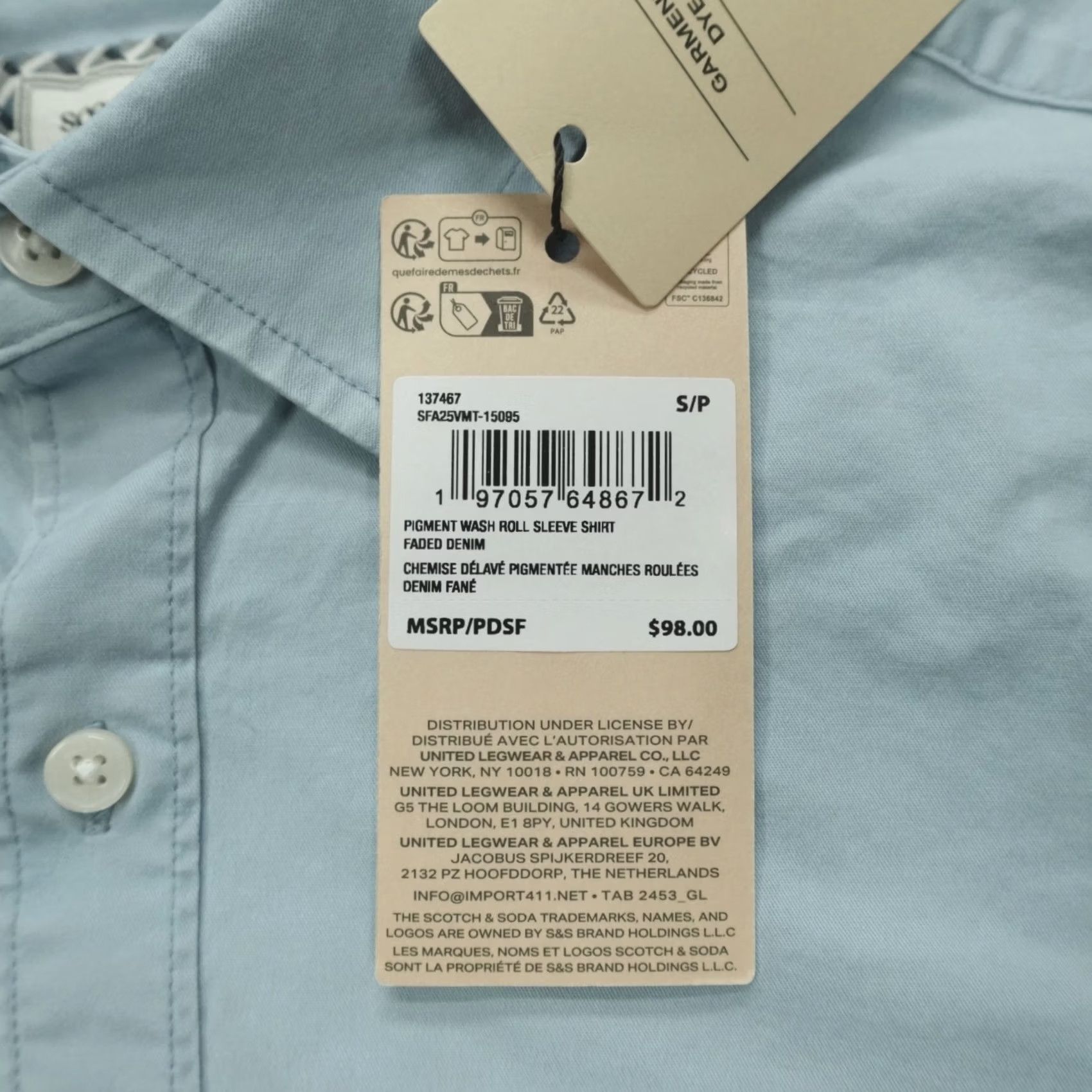 Scotch & Soda Scotch & Soda Shirt Button-Up Cotton Blue Size S Classic Fit Men’s Long Sleeve Solid Pattern Casual Workwear Bohemian London Vintage: No Size US S / EU 44-46 / 1 - 4 Thumbnail