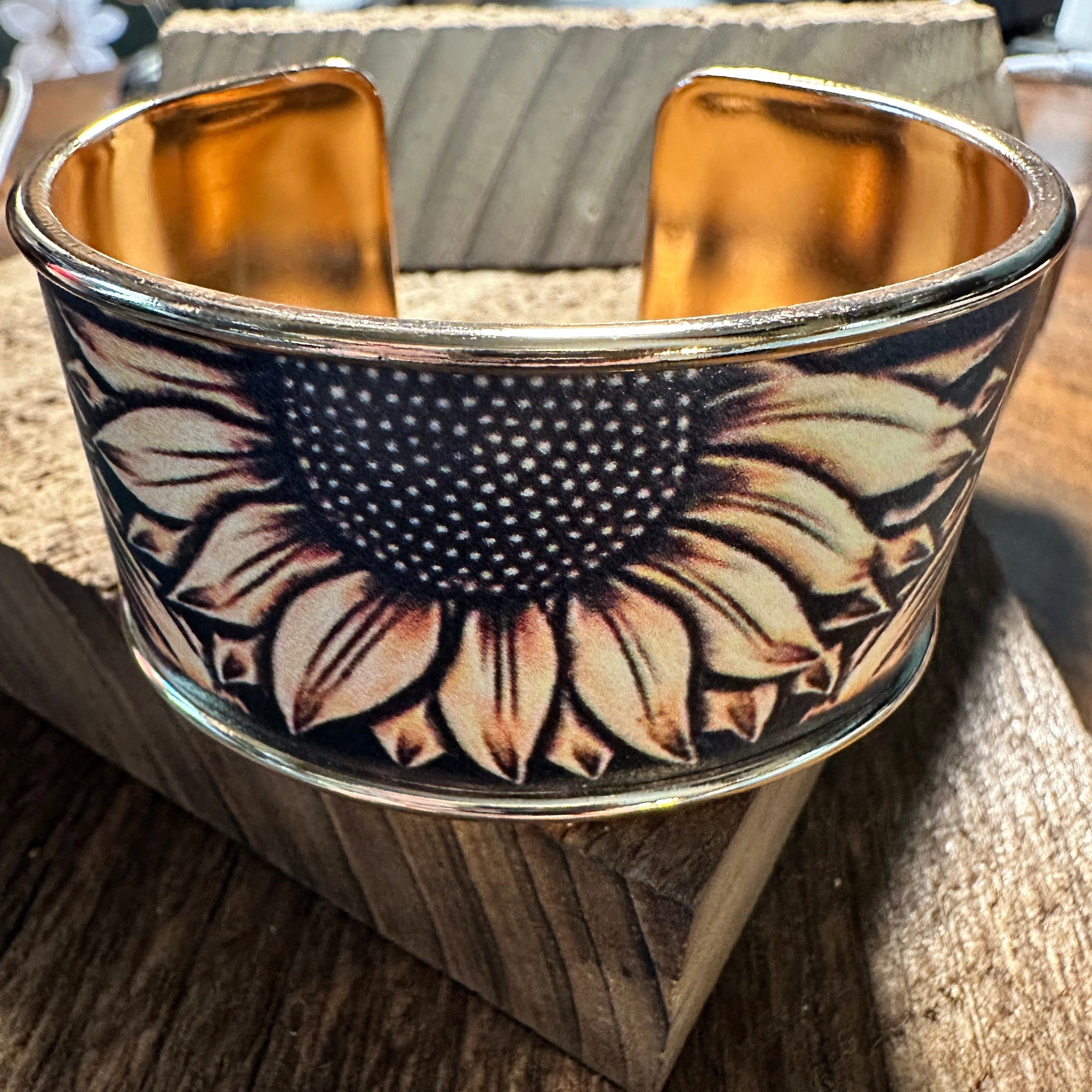 Other Boho Western Retro Sunflower Wide Cuff Bangle Bracelet, Flor Size ONE SIZE - 1 Thumbnail