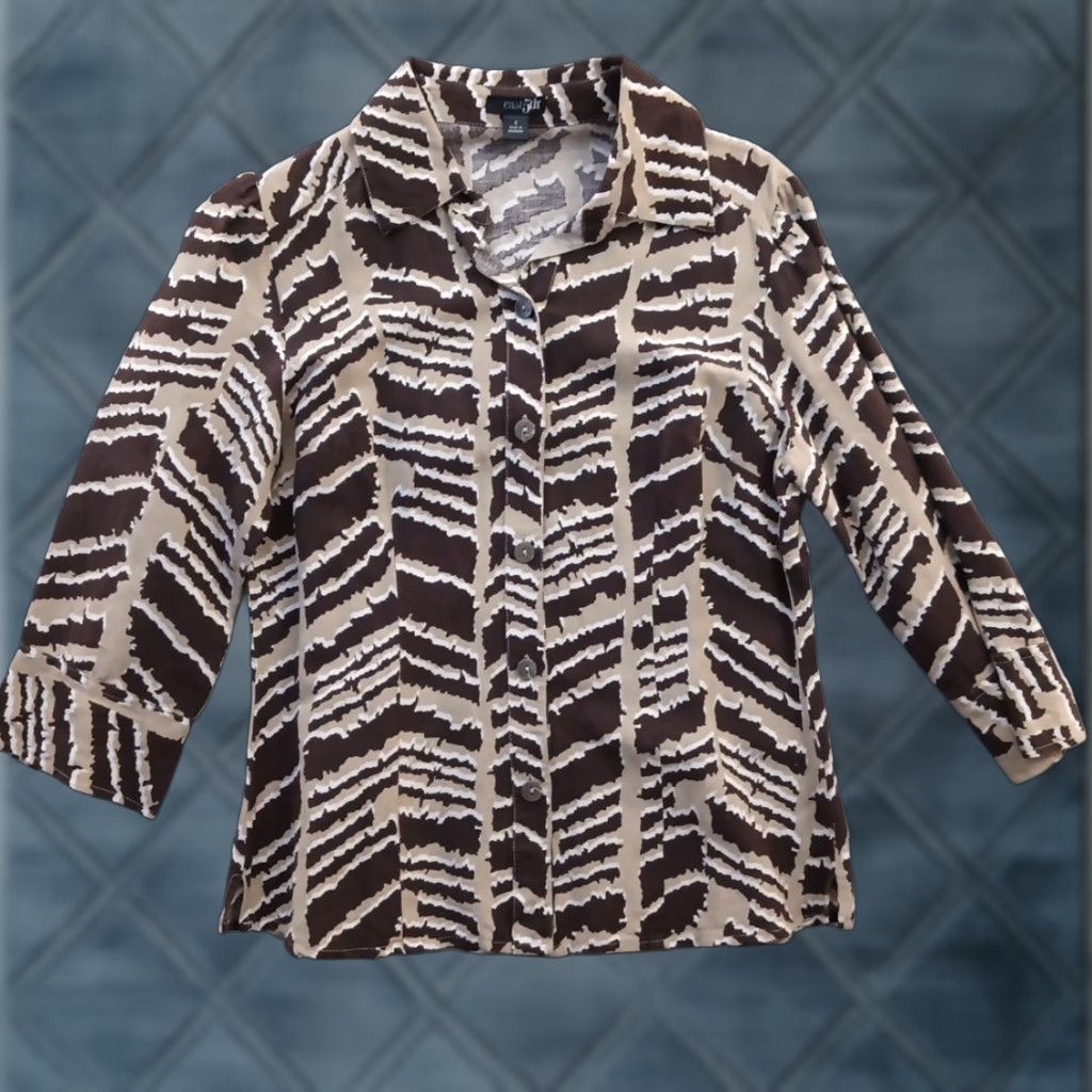 Vintage East 5th Shirt Womens Small Brown Geometric 3/4 Sleeve Button Up Linen Blend Size S / US 4 / IT 40 - 1 Thumbnail