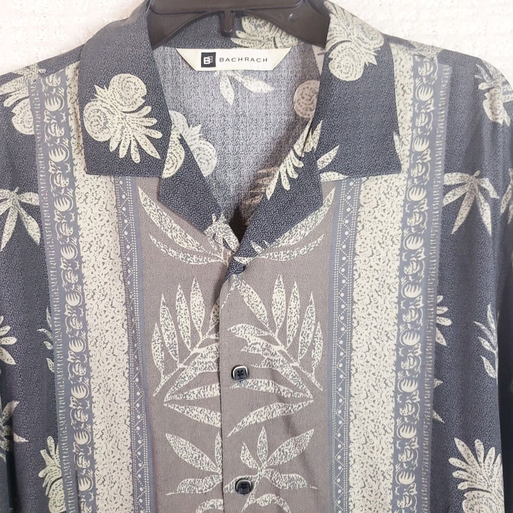 Vintage Bachrach Mens L Gray Green Hawaiian Camp Silk Shirt Vertical Striped Floral SS Shirt Size US L / EU 52-54 / 3 - 3 Thumbnail