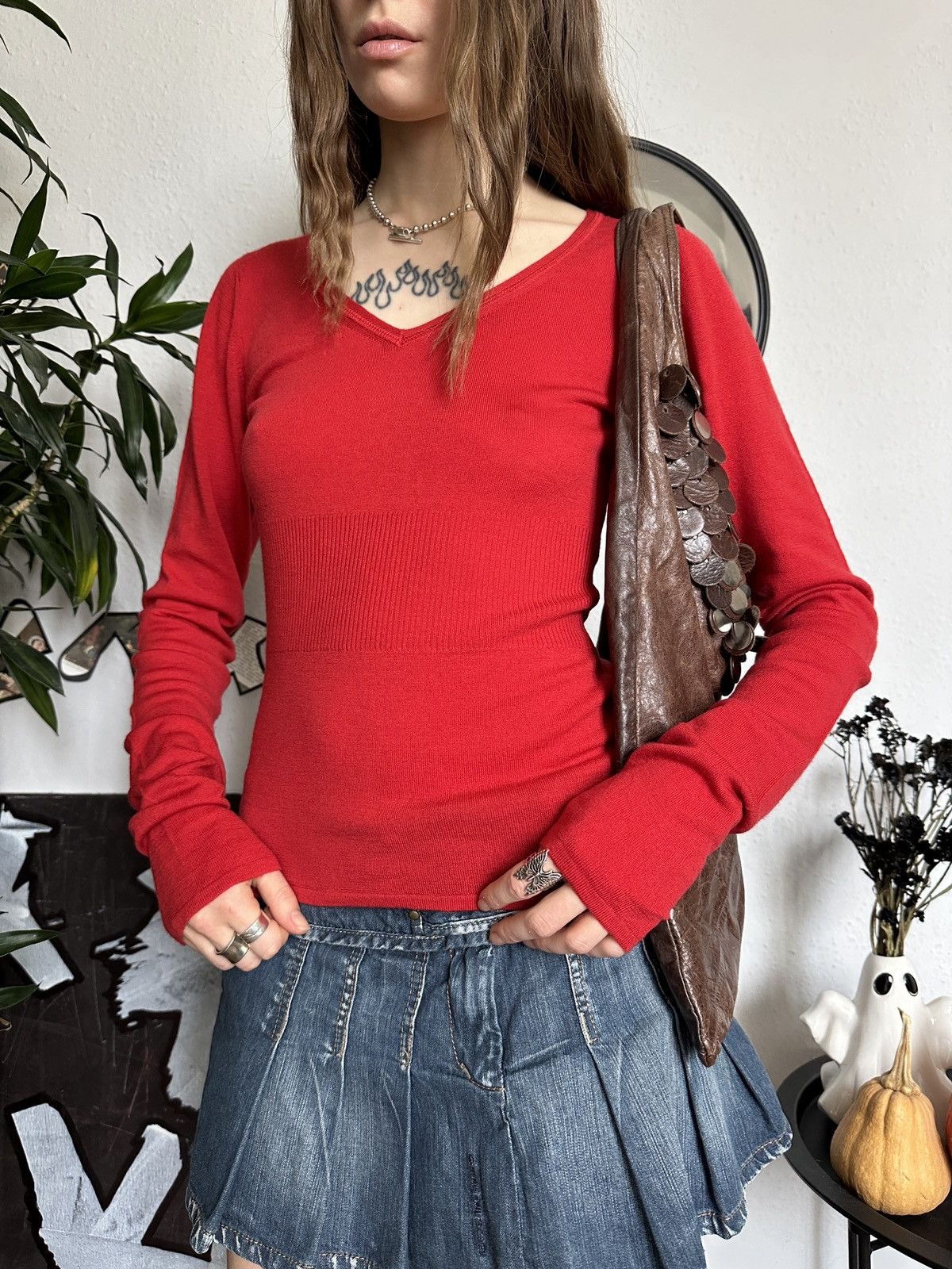 Beauty Beast × If Six Was Nine Soft Red Merino Wool Stretchy V-neck Top Coquette Size M / US 6-8 / IT 42-44 - 5 Thumbnail