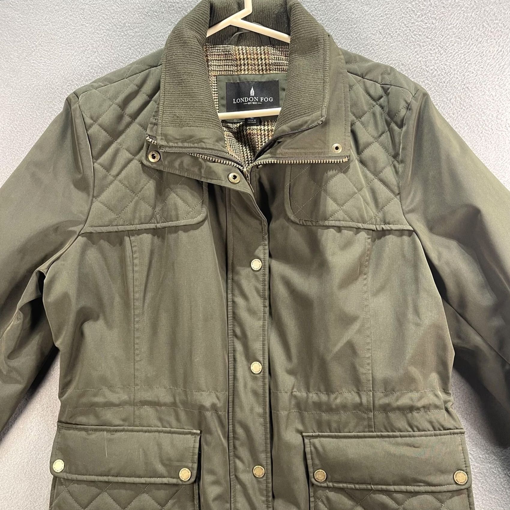 London Fog London Fog Jacket Womens Large Olive Green Quilted Utility Pockets Plaid Lining Size L / US 10 / IT 46 - 2 Thumbnail