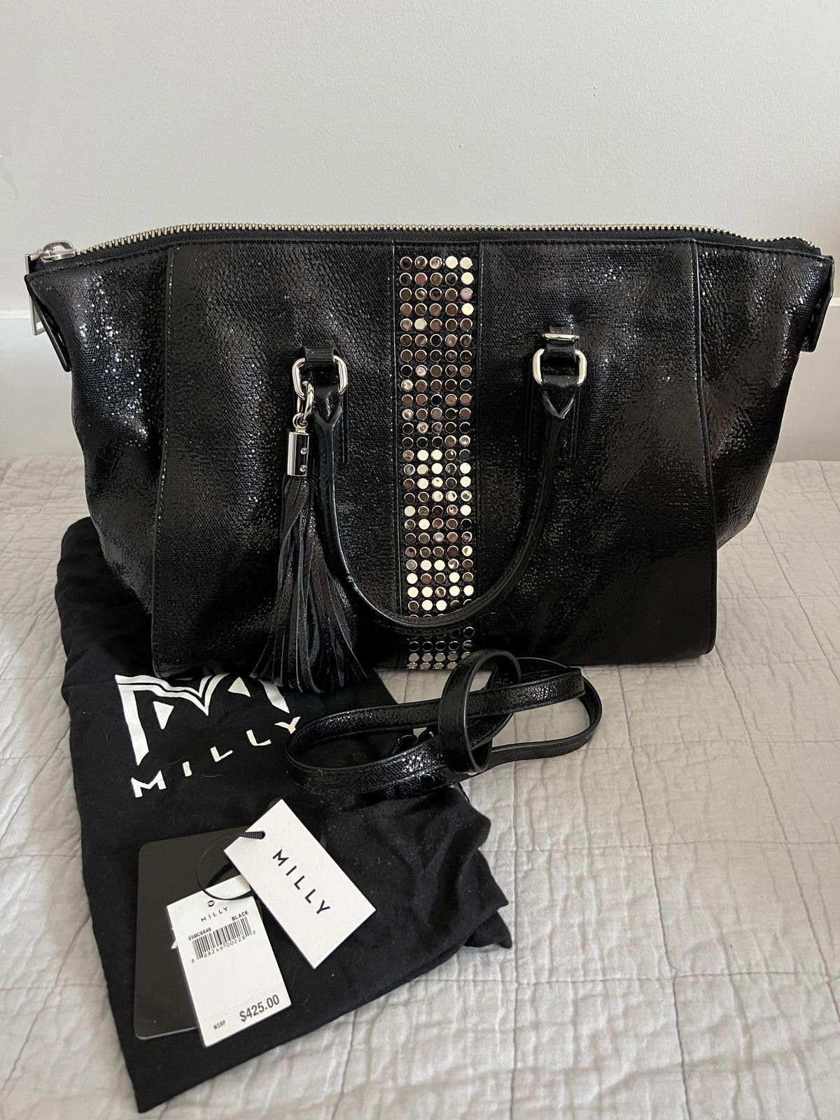 MILLY Milly Black Studded Pebbled Leather Tassel Tote Bag Size ONE SIZE - 1 Thumbnail